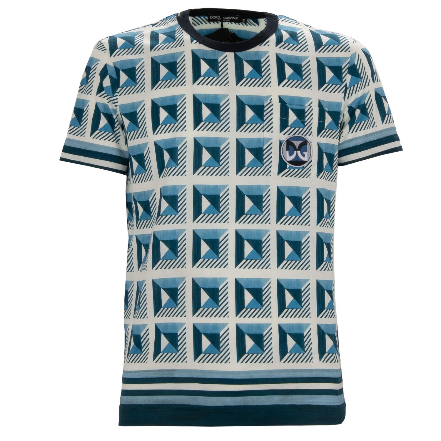 DOLCE & GABBANA DG Logo Gio Ponti Design Cotton T-Shirt Pocket Blue White