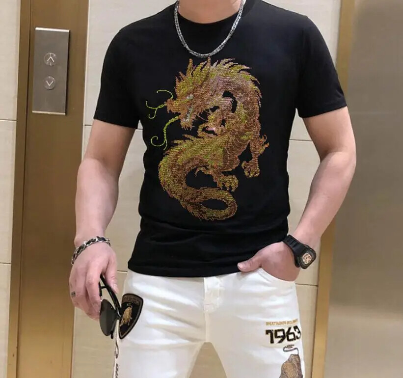 New Men Luxury Diamond Dragon Rhinestones Fashion T-Shirt High Quality 3 Colors