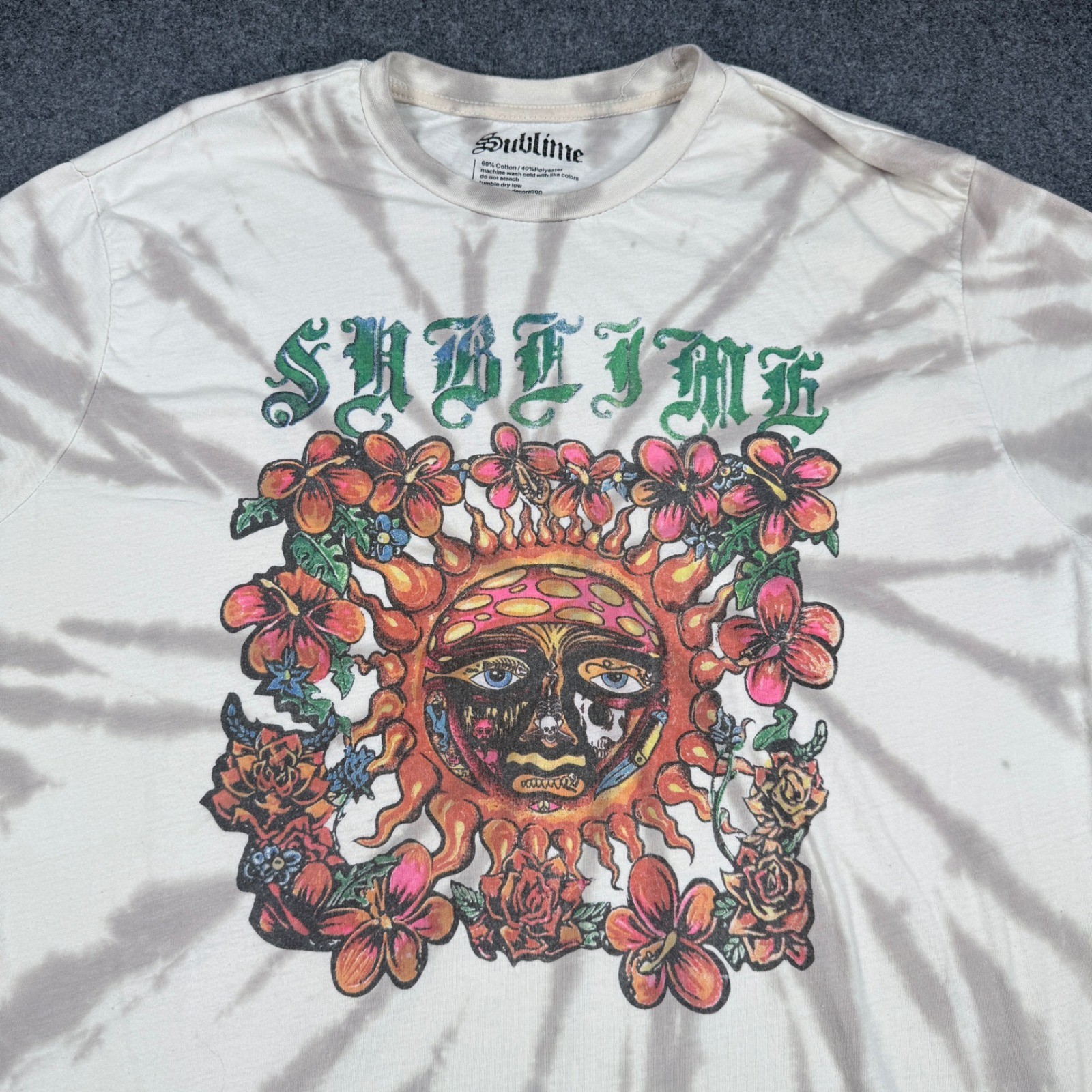 Sublime Sun Floral Tie Dye Graphic T-Shirt XL Tan White Band Tee RN 90355