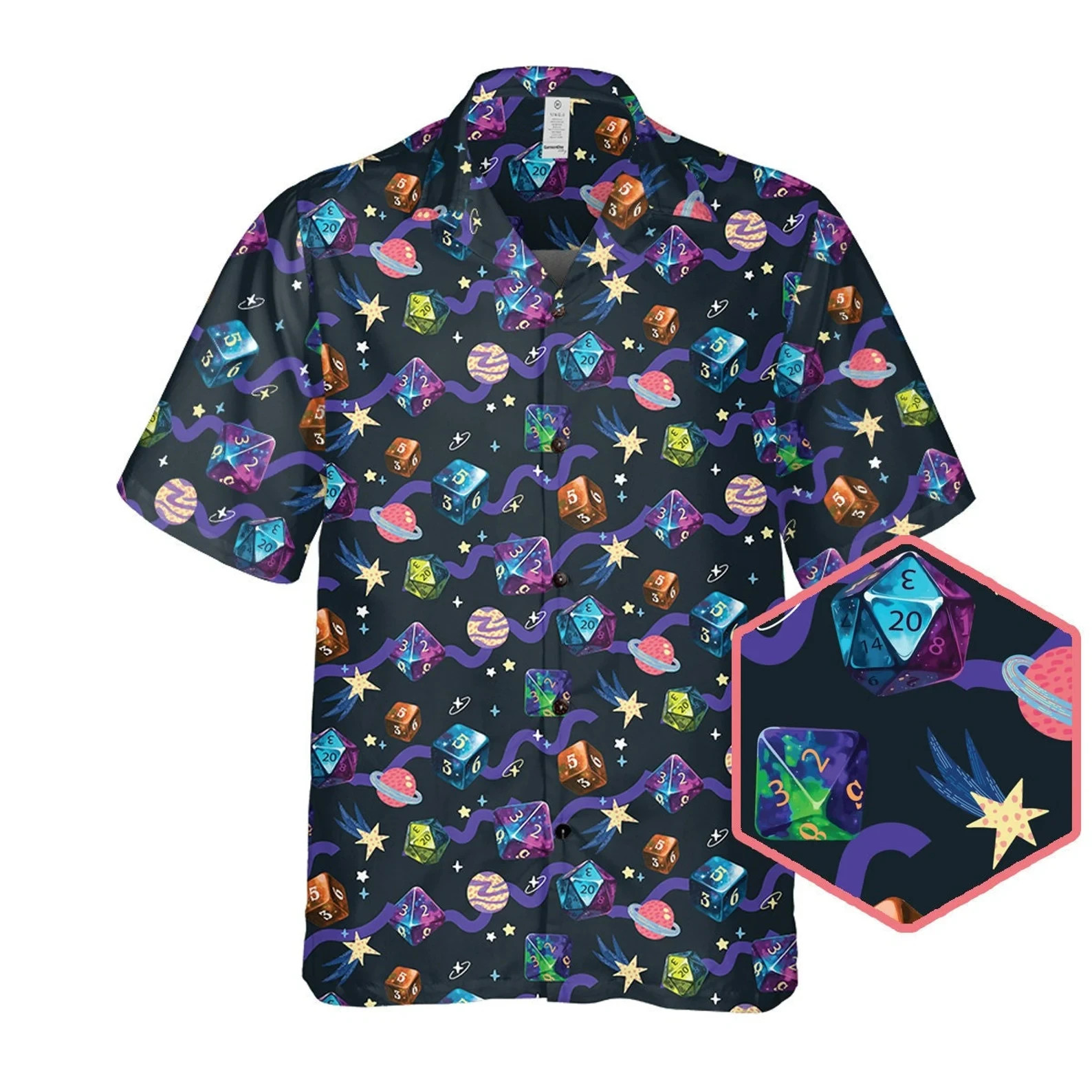Galaxy Dice Shirt – Colorful RPG D20 Dice & Space Print Hawaiian Shirt for Men