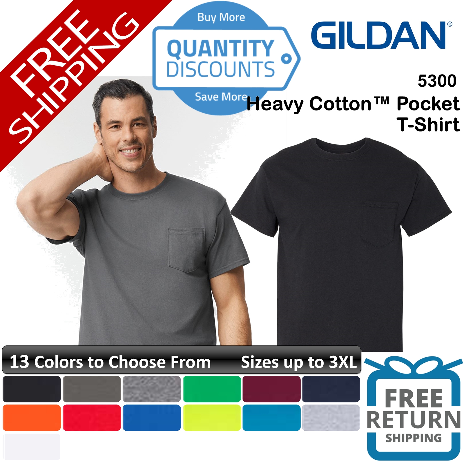 🔥 Gildan Men Heavy Cotton & Blends Classic Fit Pocket T-shirt Up To 3XL 5300