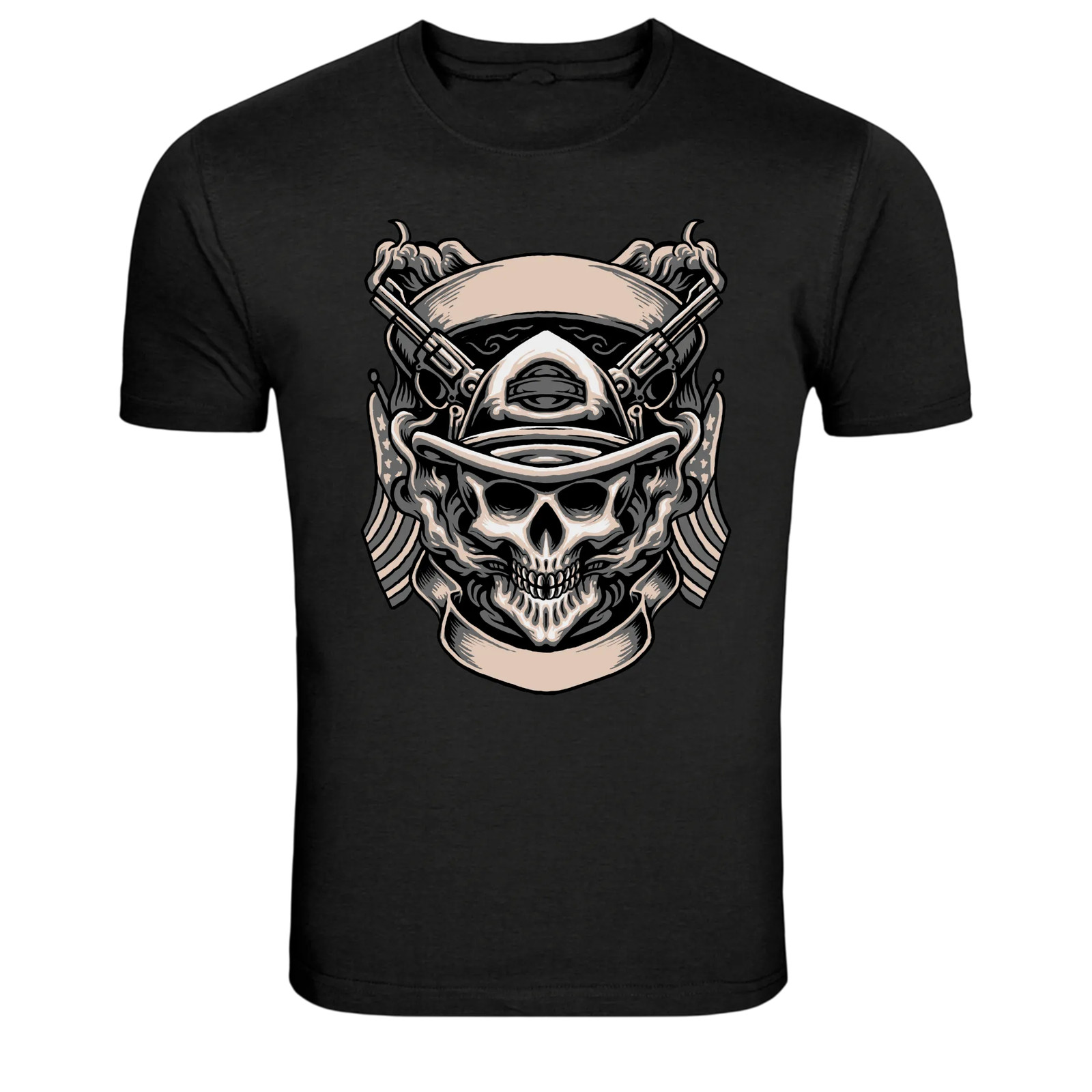 Outlaw Skull Cowboy Hat Guns Graphic T-Shirt Western Biker Te