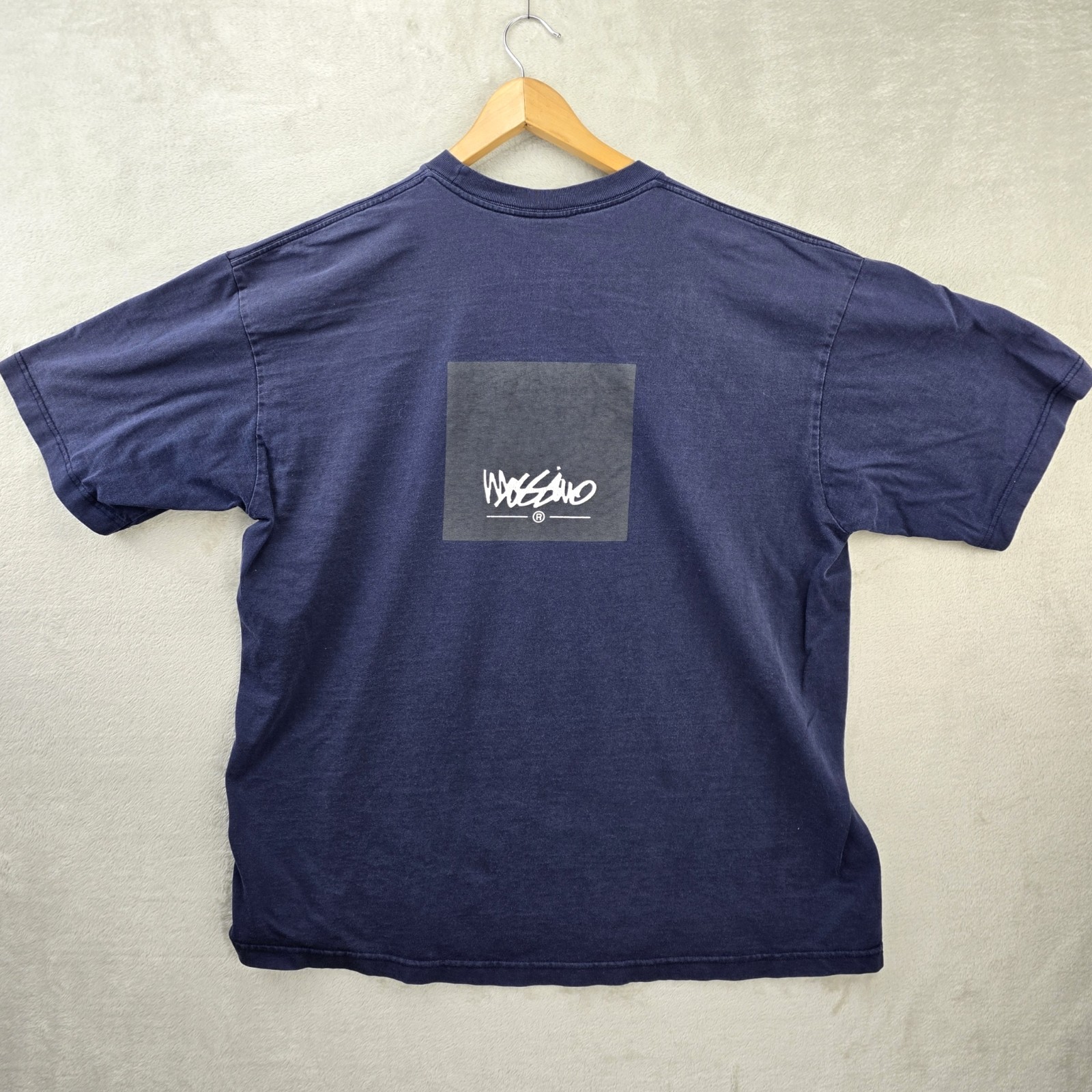 Vintage Mossimo Box Logo Shirt XL Navy Blue Surf Skater Grunge 90s Made In USA