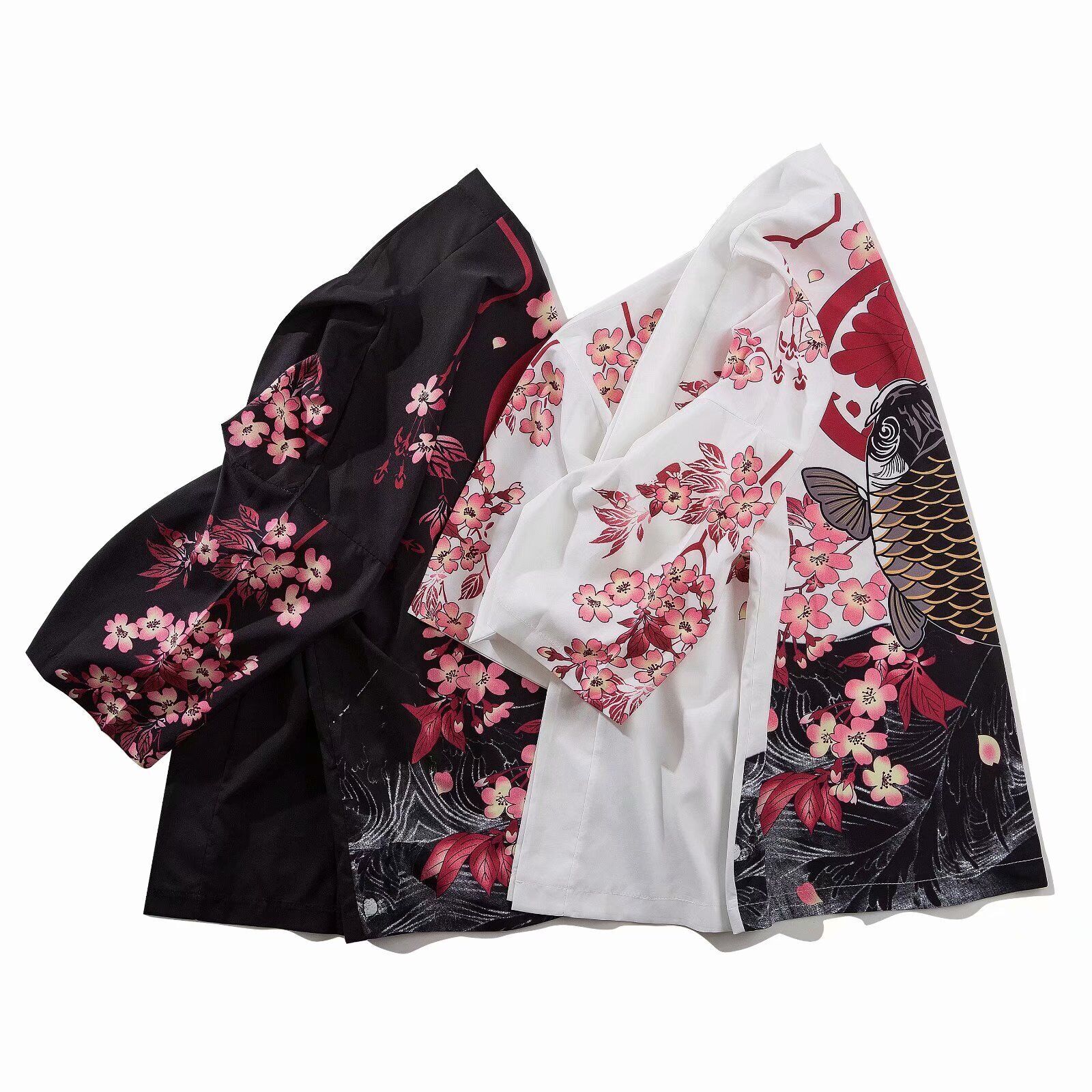 Niepce Streetwear Japanese Black Kimono Graphic Tee Fish Short Sleeves Shirt