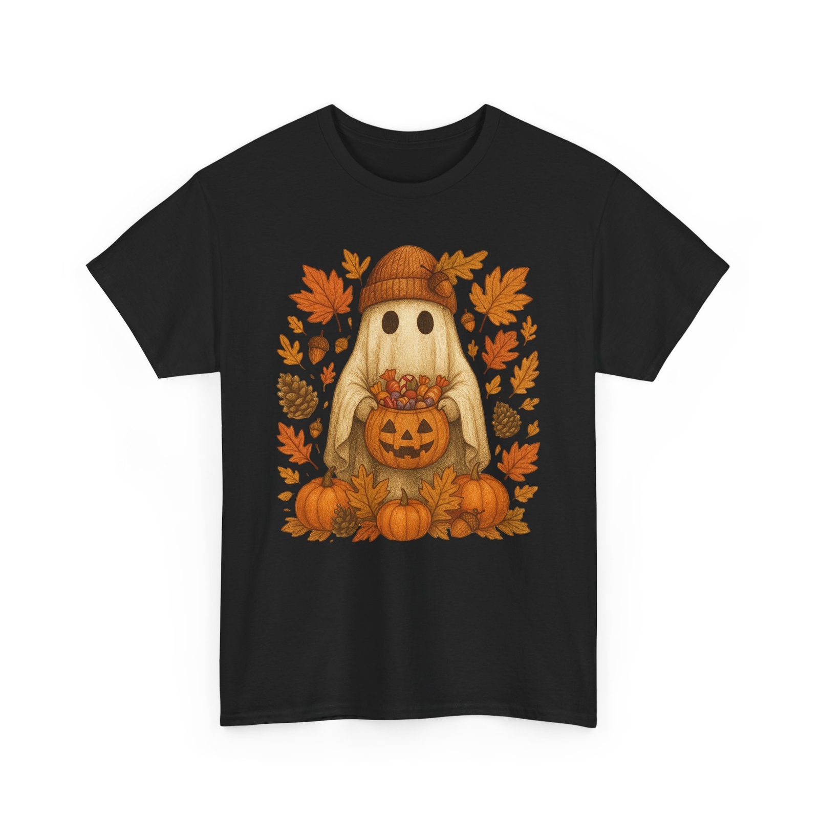 Cute Fall Ghost T-Shirt, Boho Autumn Leaves Girly Pumpkin Shirt, Fall Season Tee