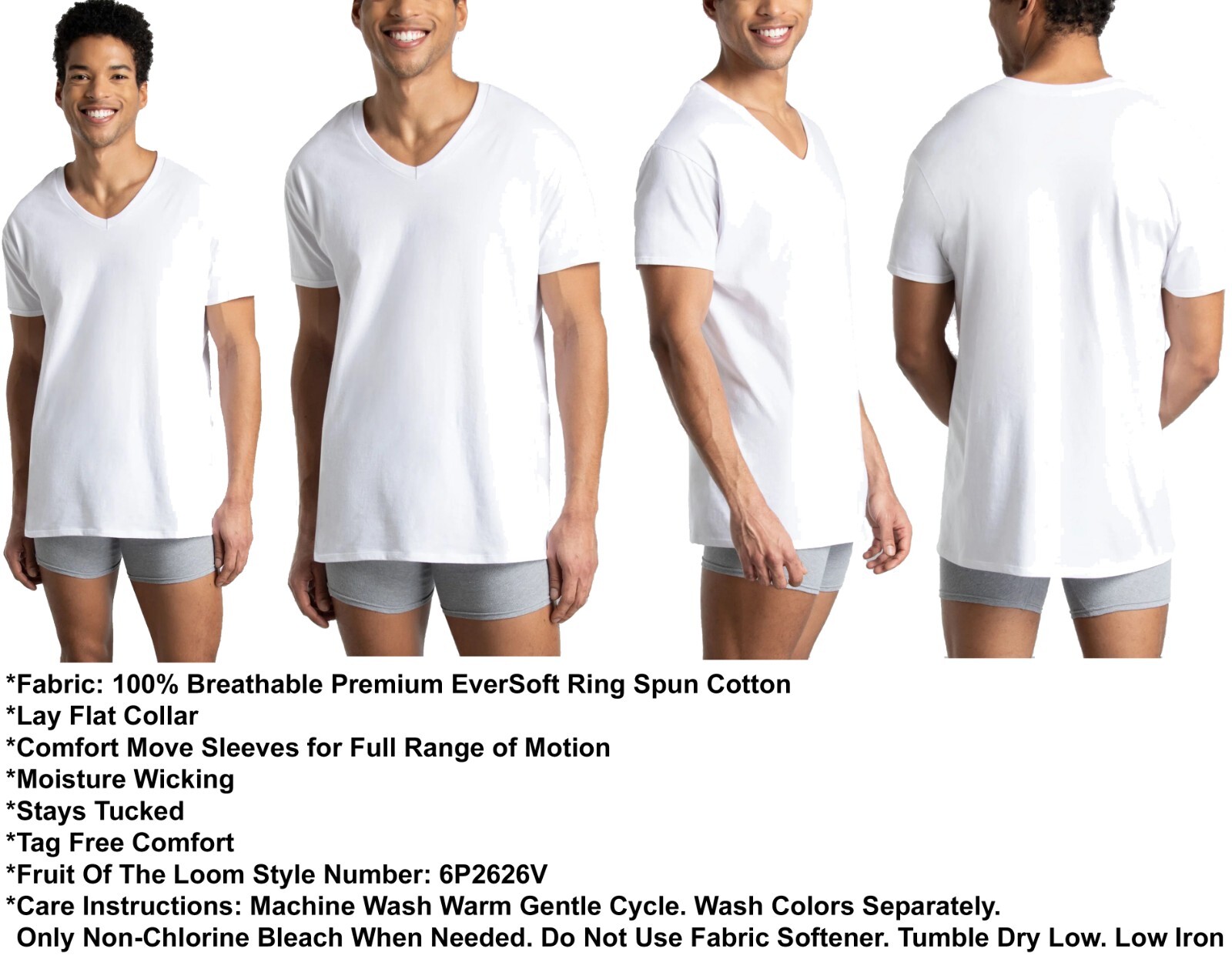 6 White Medium M 38-40 Inch V-Neck T-Shirts Fruit Of The Loom M 97-102 CM