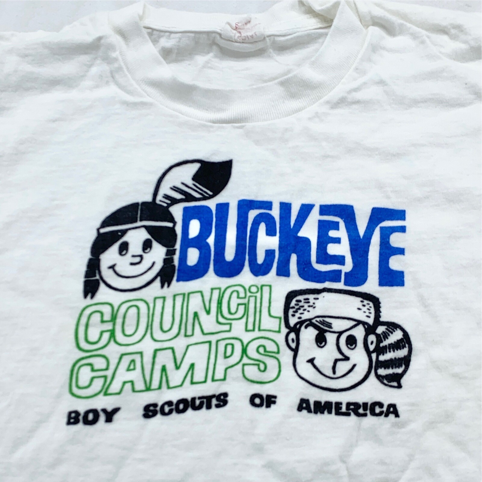 vtg 60s BOY SCOUTS OF AMERICA BUCKEYE COUNCIL CAMPS T-Shirt 2XS ohio soft bsa