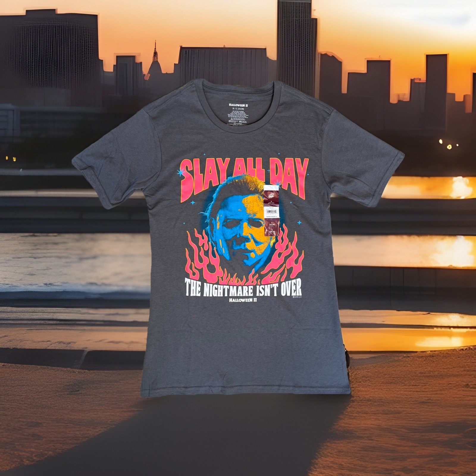 Halloween II Michael Myers Slay All Day Gray Graphic Cotton Knit Tee M