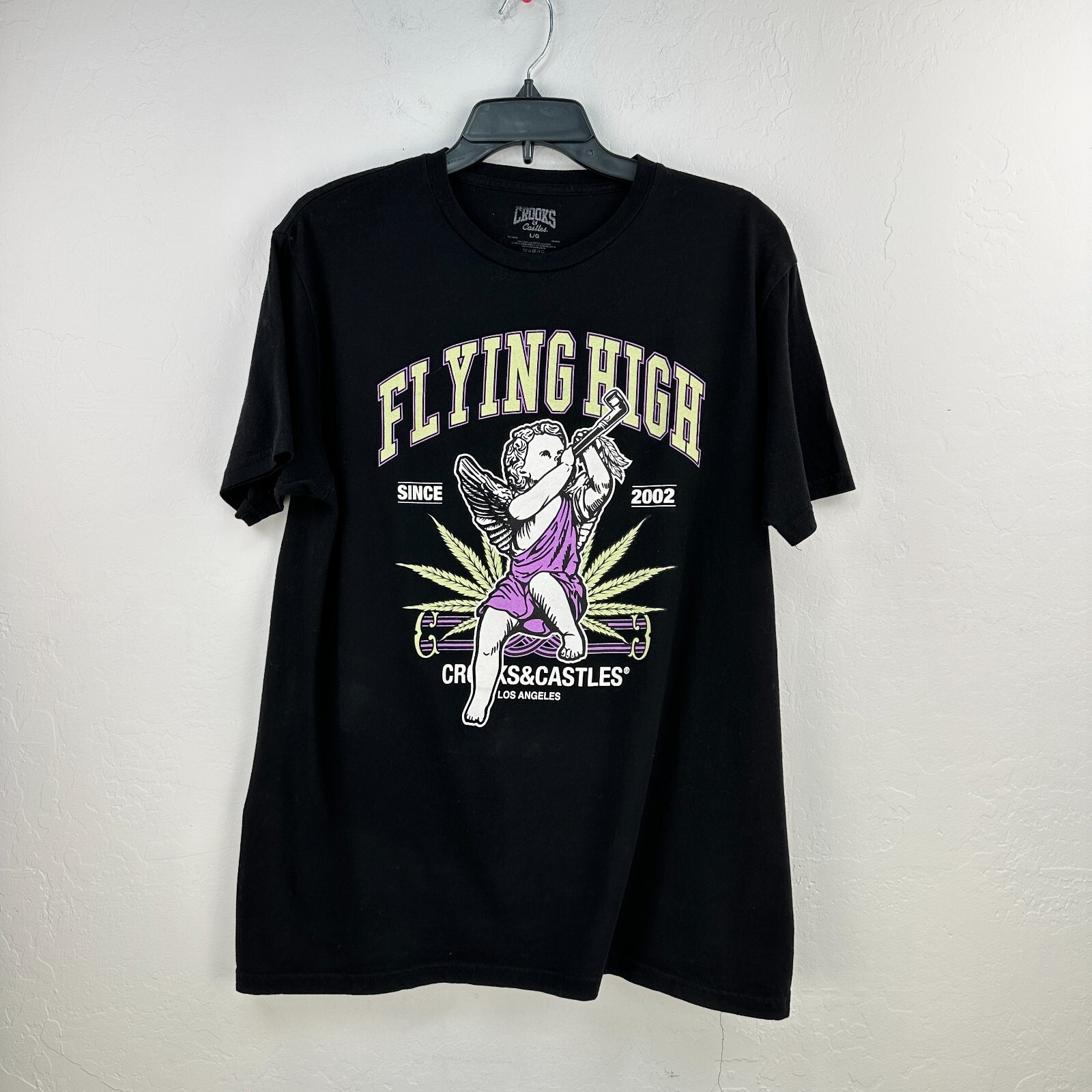 Crooks & Castles Tshirt Mens L Black Green Cotton Flying High Short Sleeve Tee