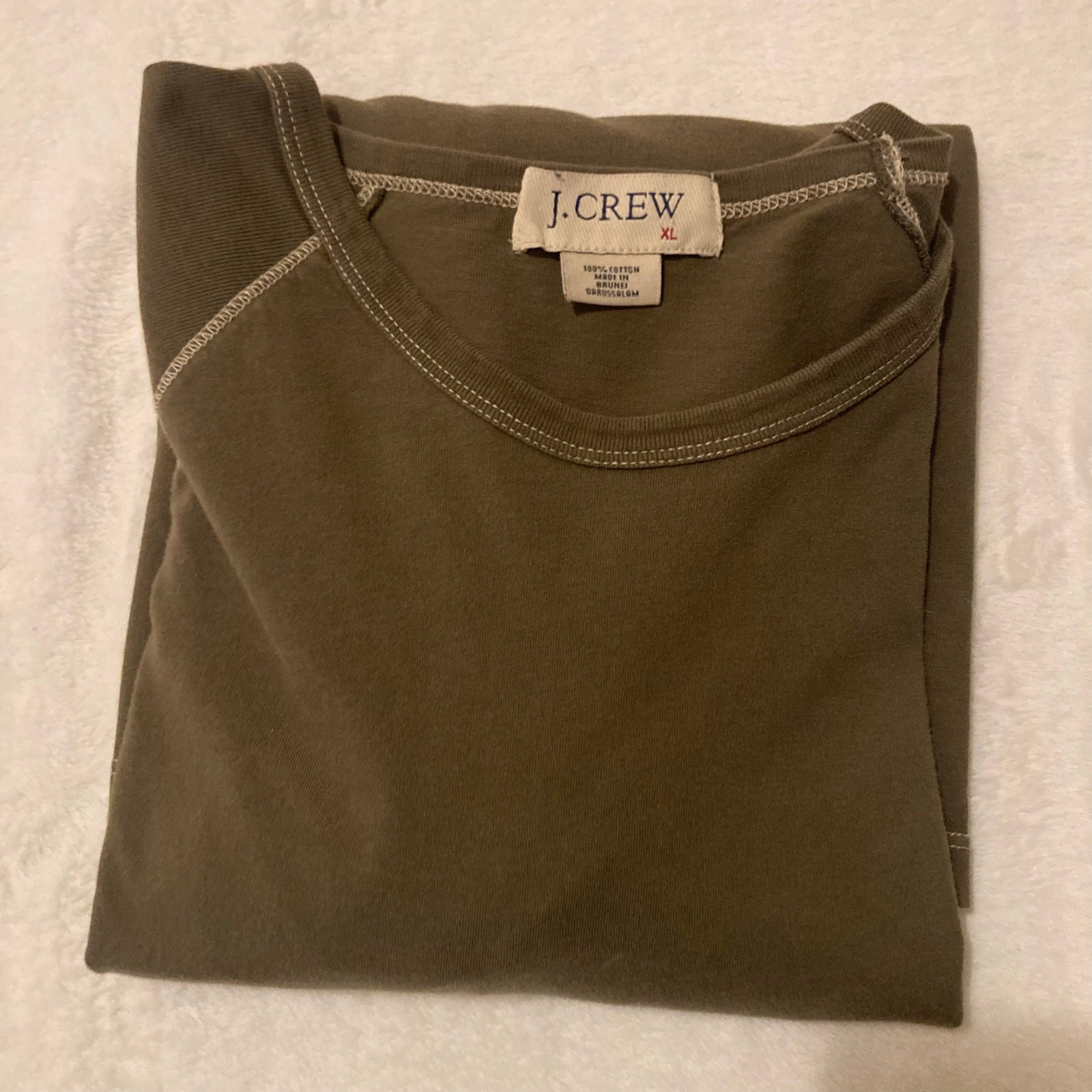 J.Crew Long Sleeve T-Shirt Mens XL Olive Brown Cotton Raglan Contrast Stitch Tee