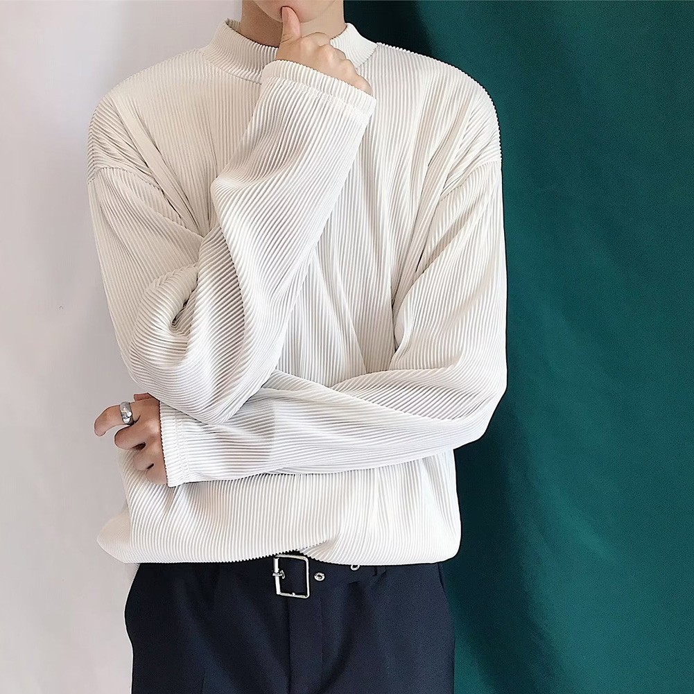 Mens Casual Pleated Drape Half Turtleneck T Shirt for Daily Wear and Commuting
