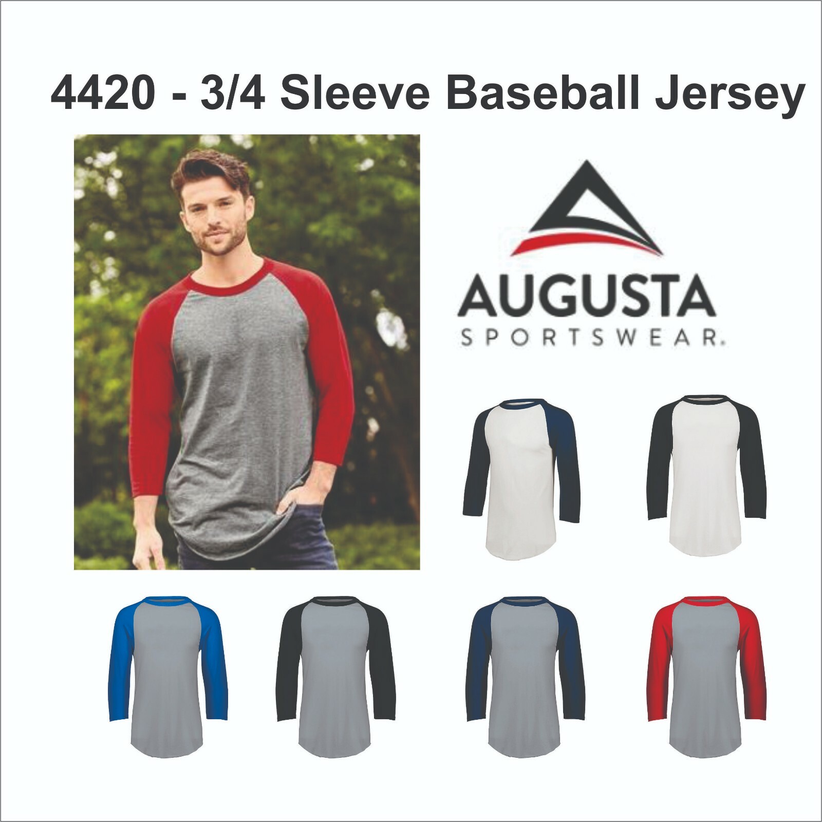 Augusta 4420 – Baseball Jersey Shirt, Three-Quarter (3/4) Sleeve