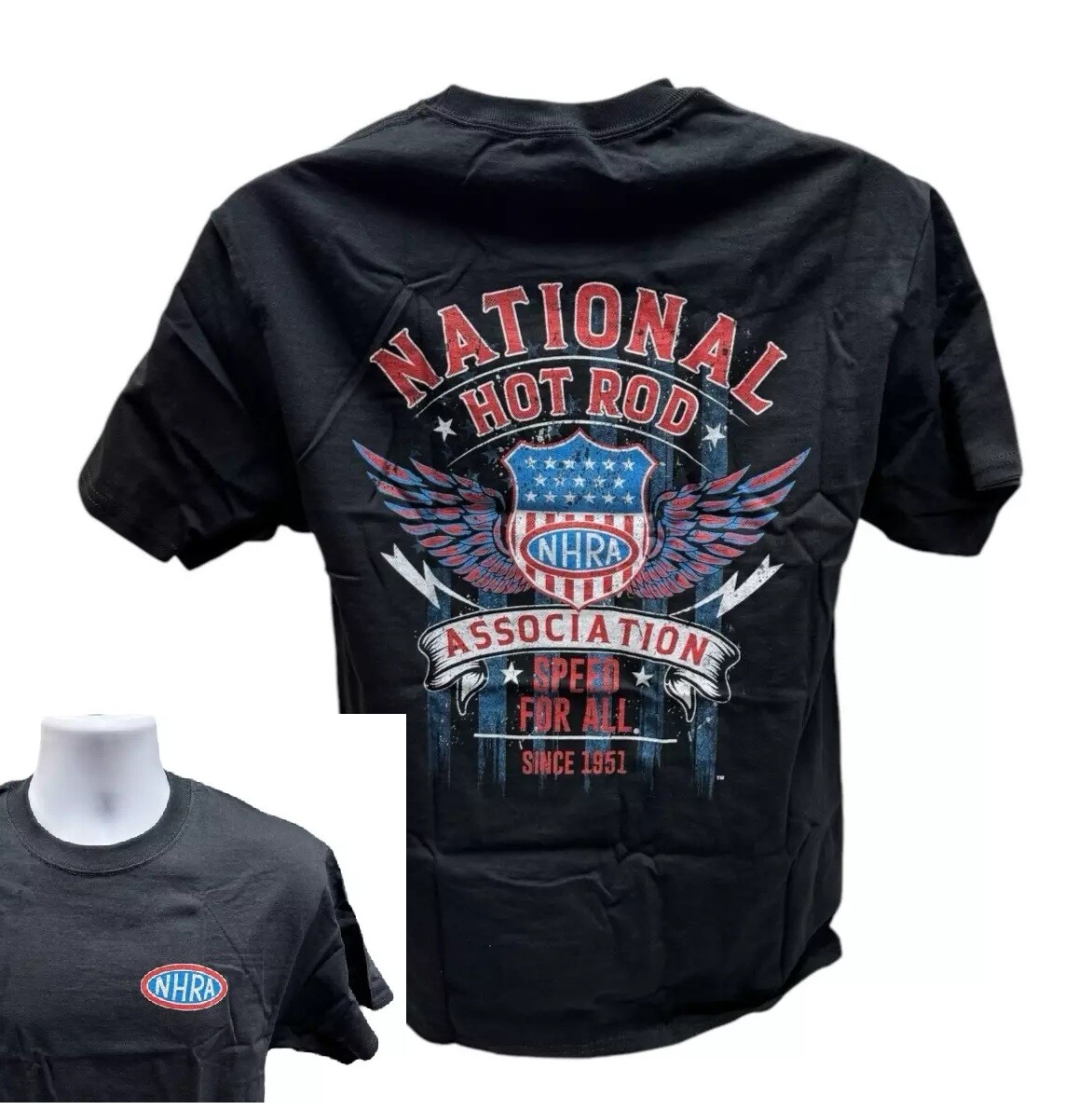 NHRA Drag Racing Vintage Speed For All American Flag Black T-Shirt