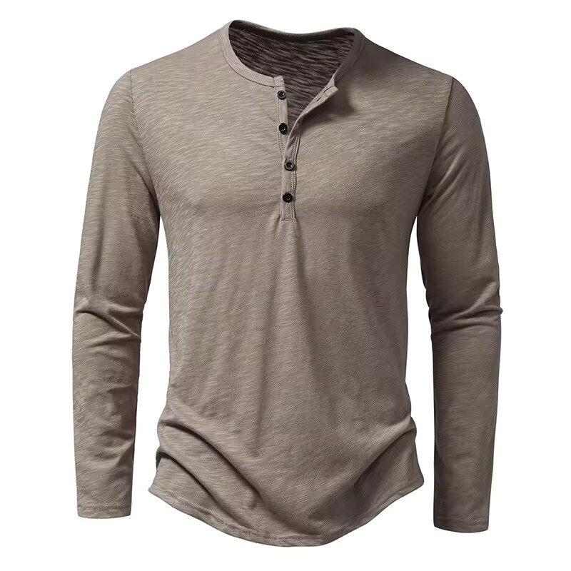 Men’s Shirt Cotton Henley Neck T-Shirts Long Sleeve Casual Button Plain 25% OFF