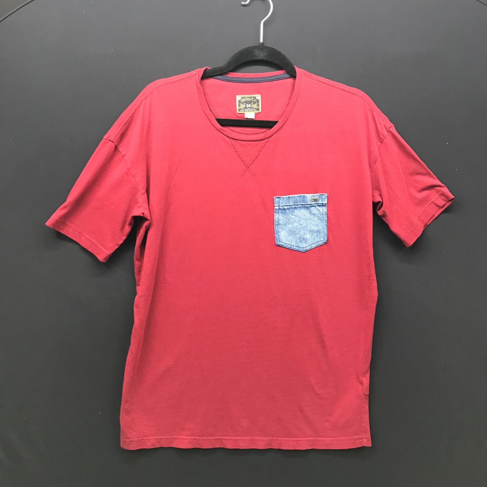 Diesel Men’s Pocket Tee Denim Pocket Short Sleeve Red Cotton Shirt Size Small S