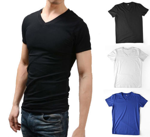 New Mens T-shirts V-neck Tee Classic Fit Muscle Top Spandex Solid XS S M L XL