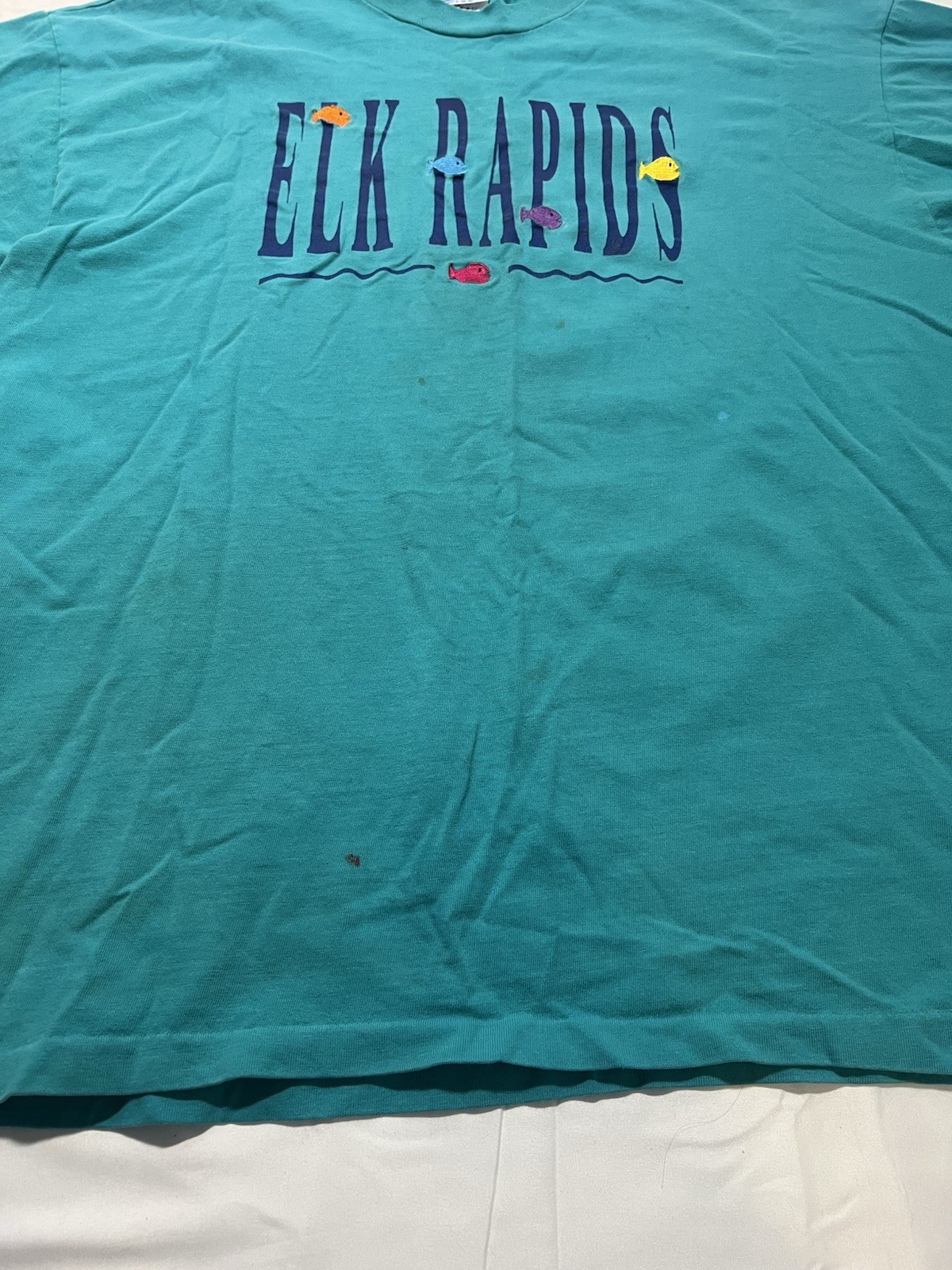 Distressed VTG 90s Single Stitch Made In USA Elk Rapids MI Fish T Shirt Teal XL