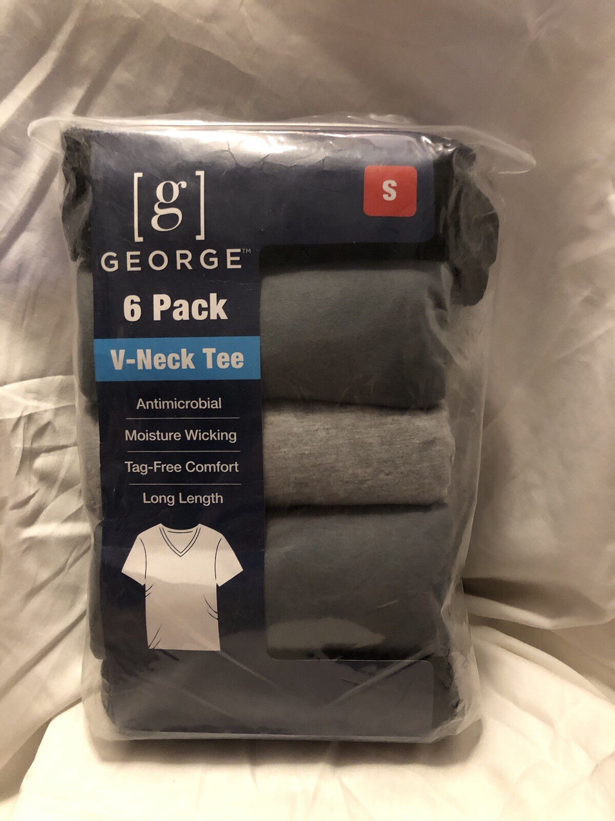 George 6 Pack V-neck Black/Gray T-shirts Men’s Small Tag Free Long Length WQ7