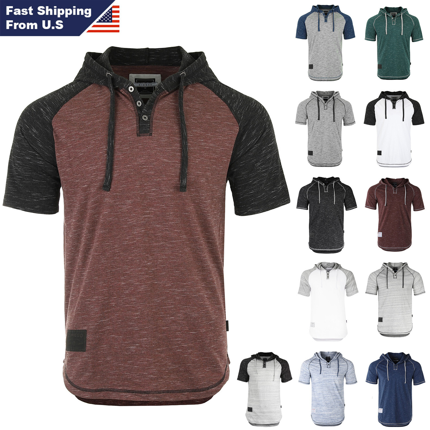 ZIMEGO Mens Short Sleeve Hoodie – Color Block Hooded Henley Shirt