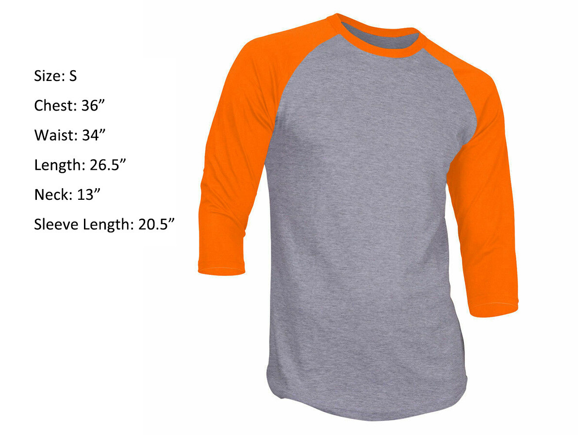 3/4 Sleeve Raglan Baseball Mens Plain Tee Jersey T-Shirt Gray Orange S