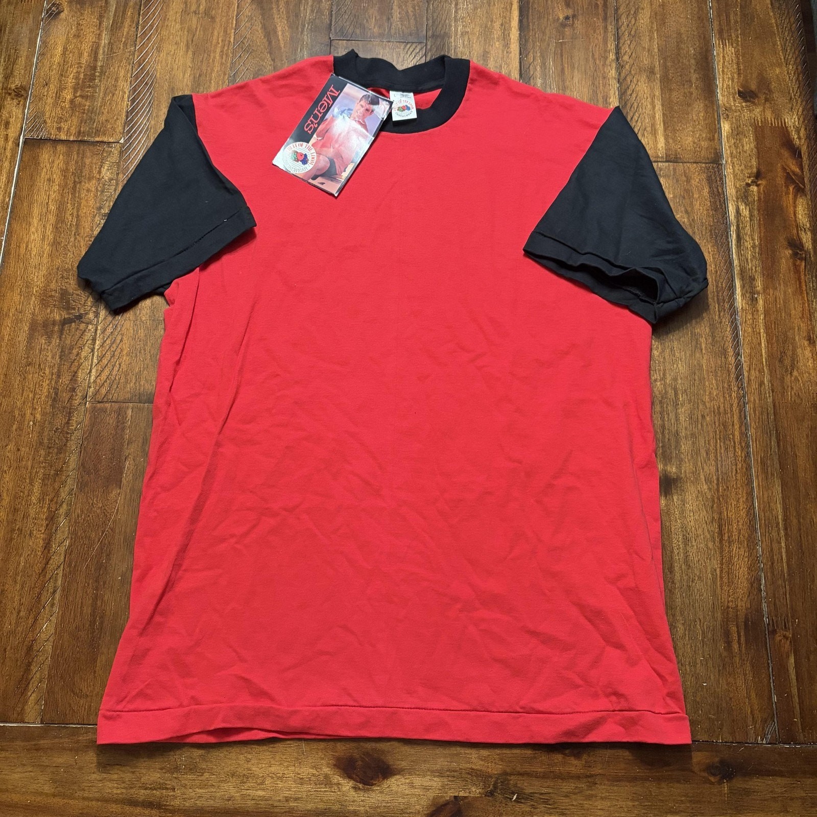 Vintage Fruit Of The Loom Shirt Mens Large Red Black Colorblock Tee Made USA 90s