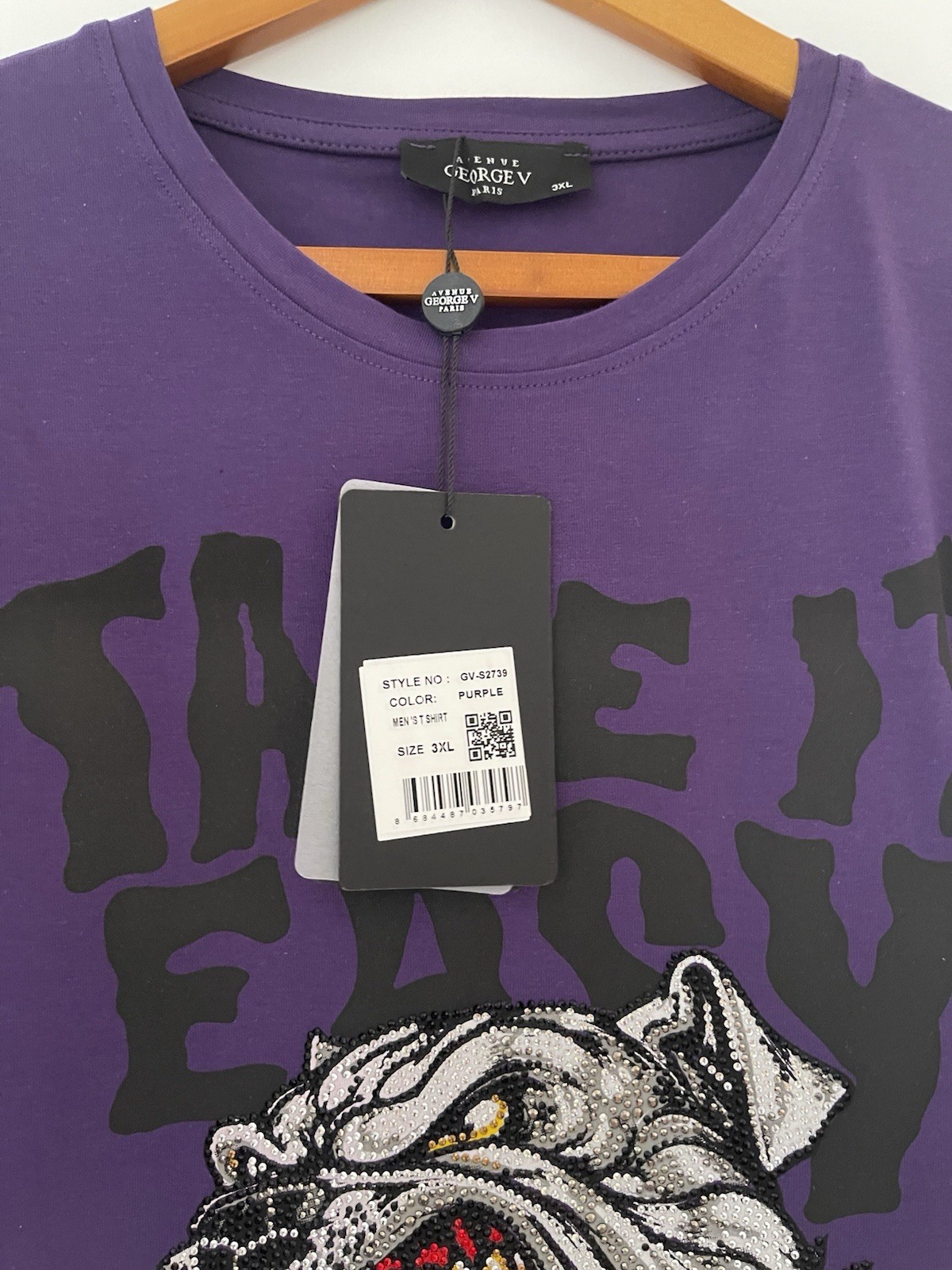 Avenue George V Paris T-Shirt Royal Bulldog Rhinestone Men’s Purple Fitted Tee