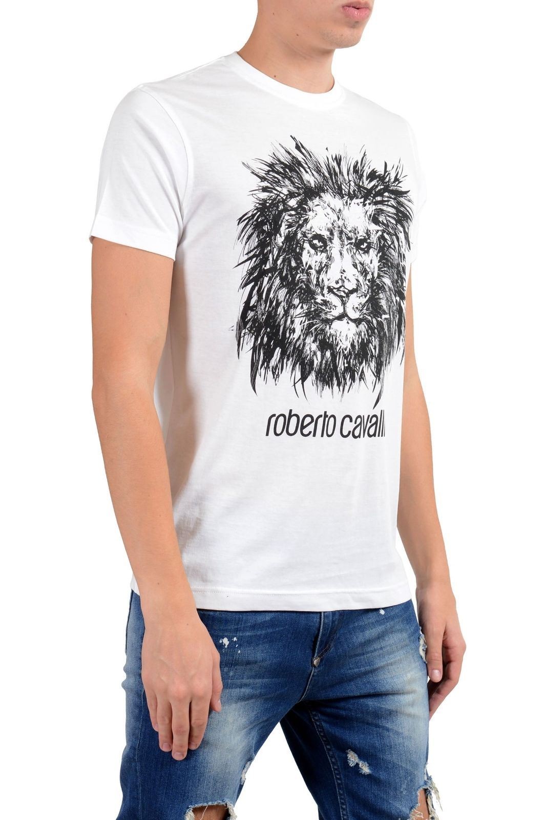 Roberto Cavalli Men’s White Graphic Lion Crewneck T-Shirt Size S M L XL 2XL