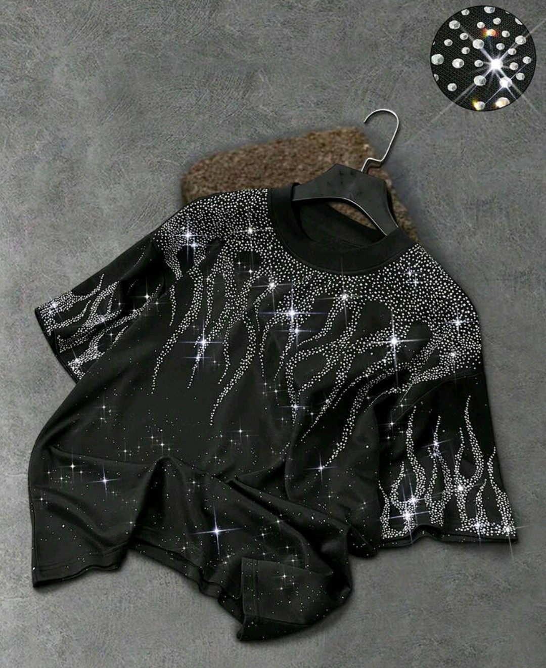 New Men Luxury Diamond Flame Rhinestones Fashion Black T-Shirt High Quality