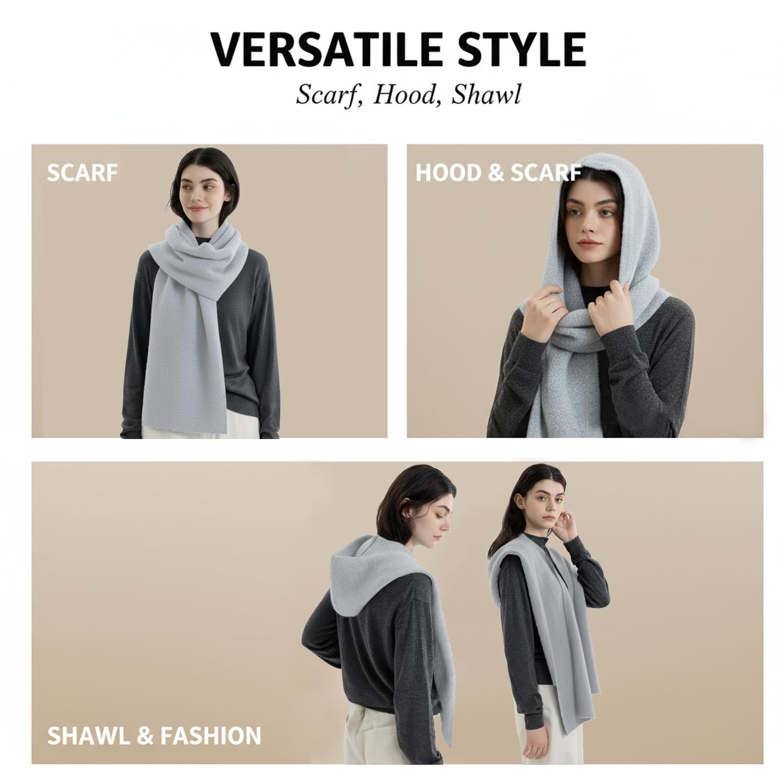 Hooded Scarf Women Winter Warm Knitted 2in1 Hat Balaclava Neck Warmer