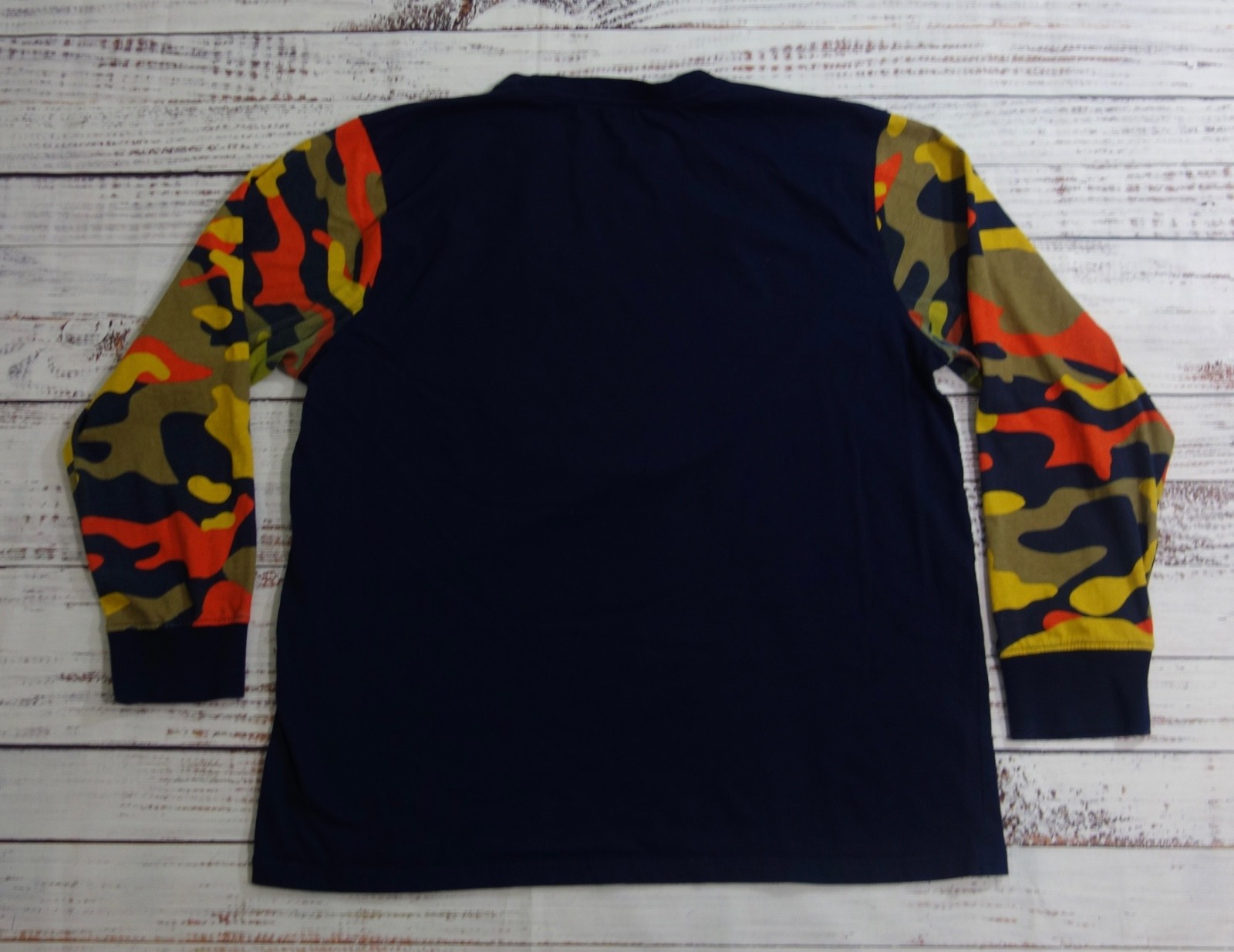 Born Fly Navy Blue Camo Long Sleeve Large Logo Patch T-Shirt Mens Cotton 2XL