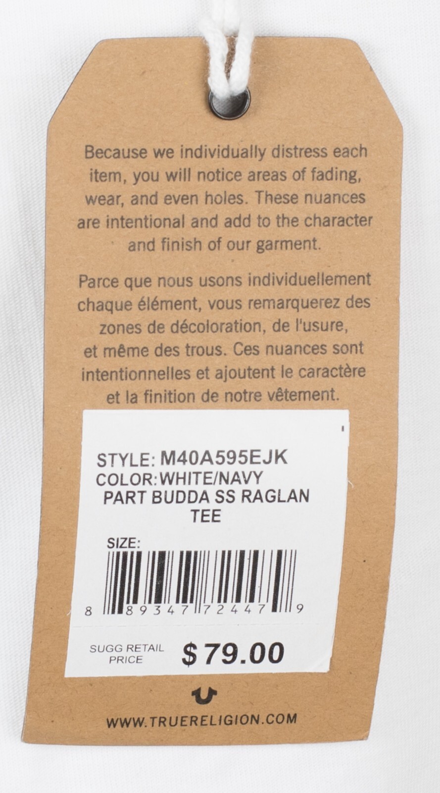 $79 TRUE RELIGION White Navy PART BUDDHA Short Sleeve Designer Raglan T-shirt