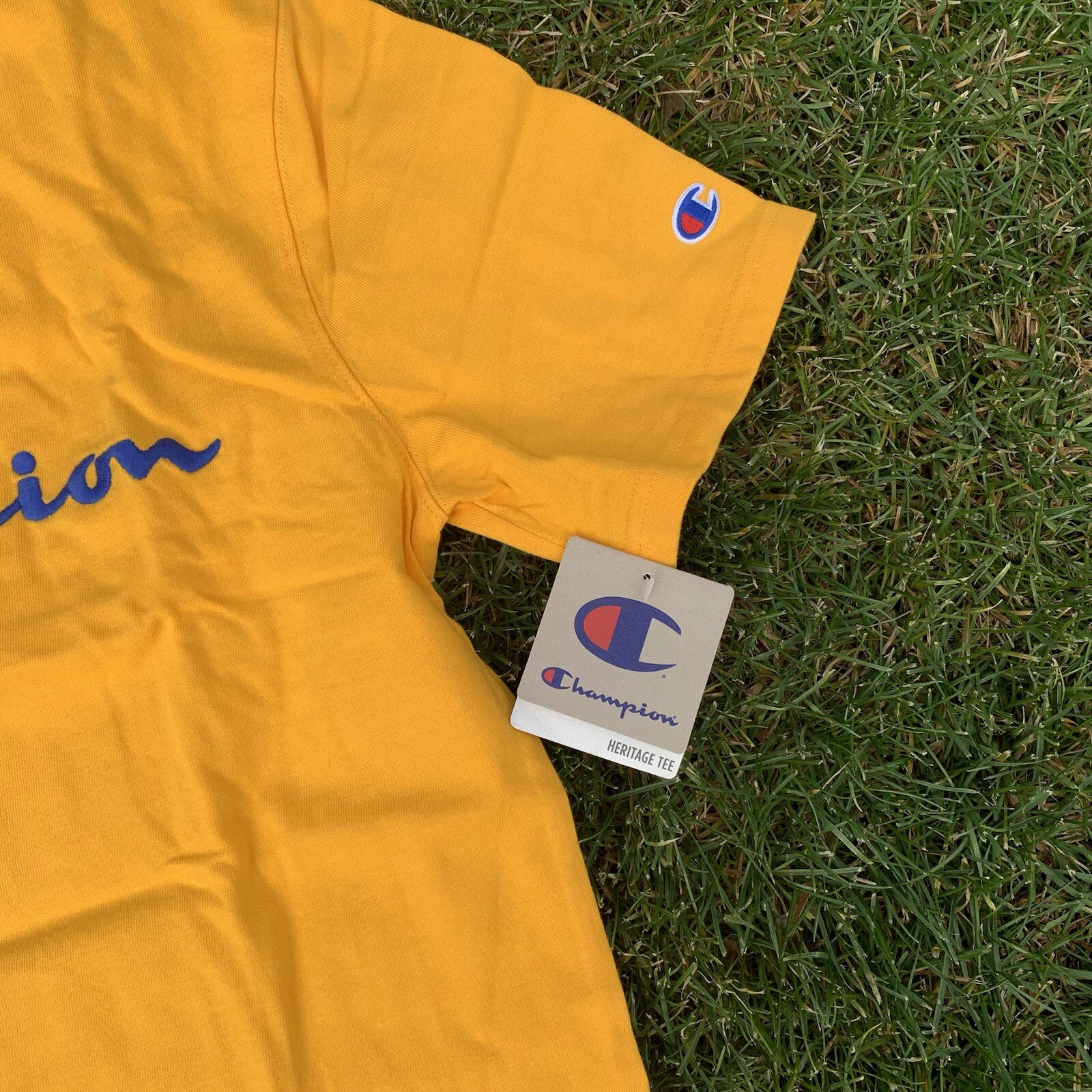 Champion T-Shirt Script Logo Embroidered Spell Out | Yellow — Men’s Size Medium