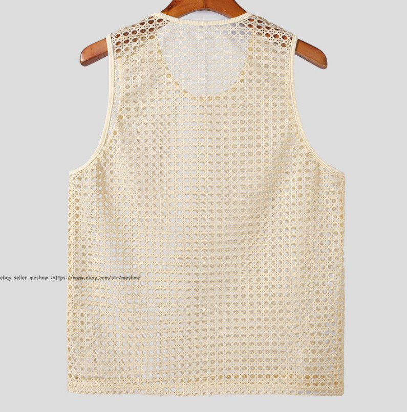 Mens Knitted Crochet Tank Tops Summer Hollow Sleeveless T-shirt Scoop Neck Shirt