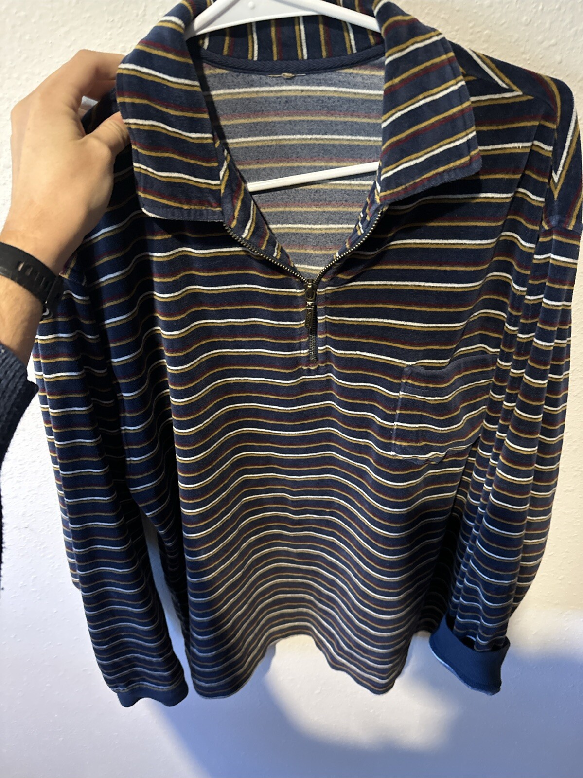 Vintage Levi’s Terry Cloth Stripe Tee Size XL USA 90s Y2K Black Stripes, Zip