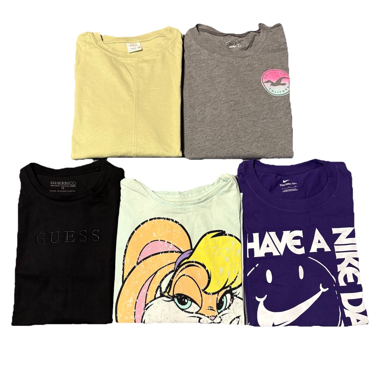 Lot Of 5 T-Shirts Girls 12/14 Nike Guess Hollister Zara Looney Tunes Logo Casual