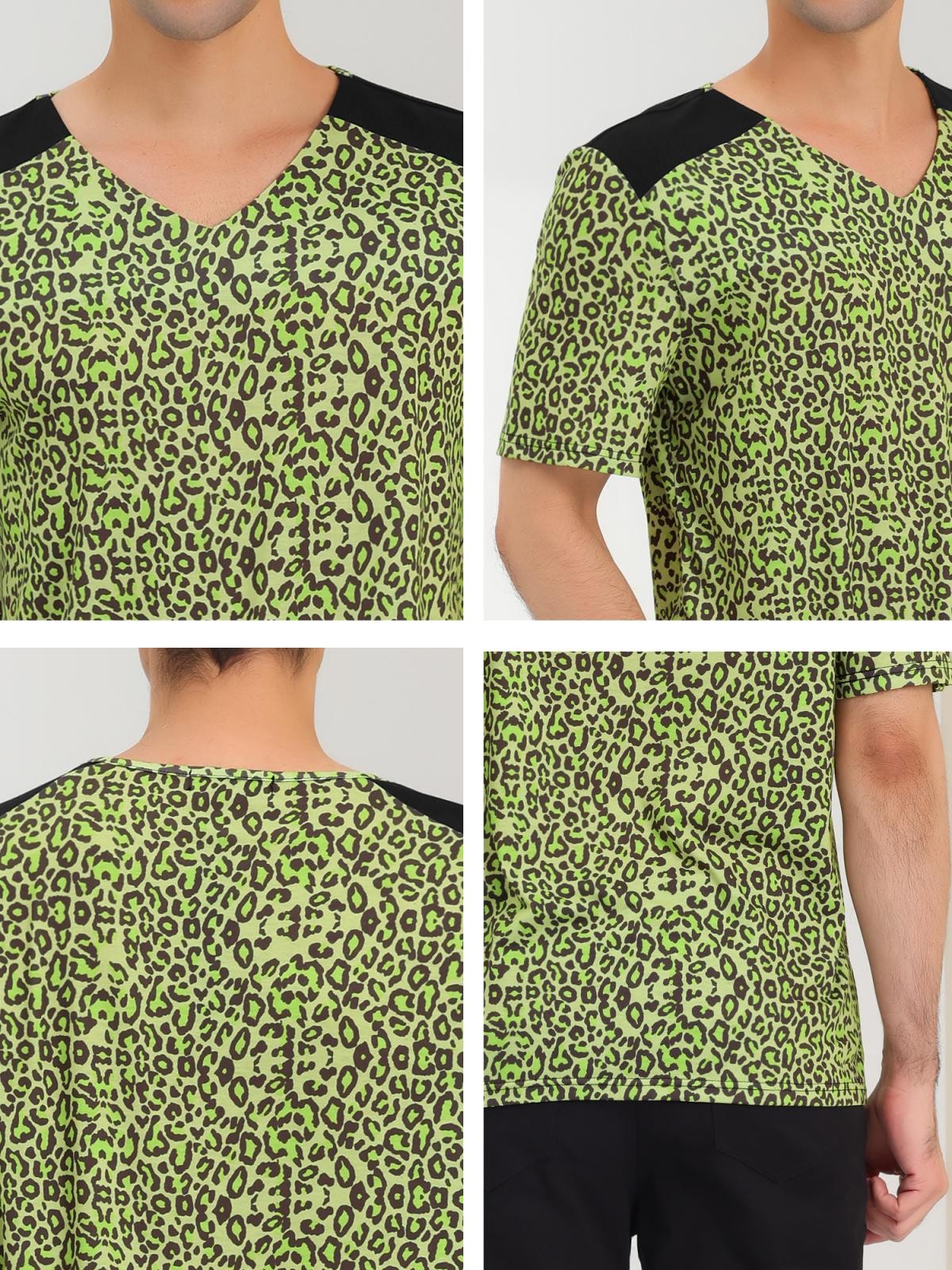 Men’s V Neck Animal Print Short Sleeves T-Shirt Tops Green Black S