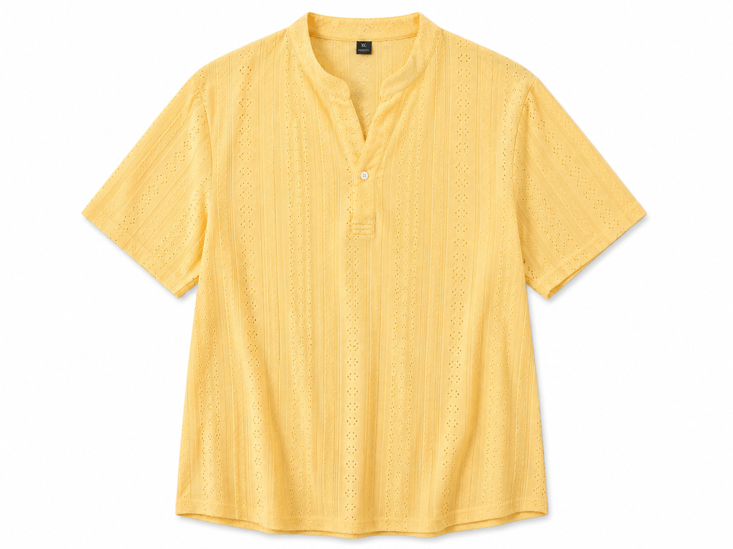 Men’s Yellow Textured Knit Henley Shirt Short Sleeve Casual Summer Pullover