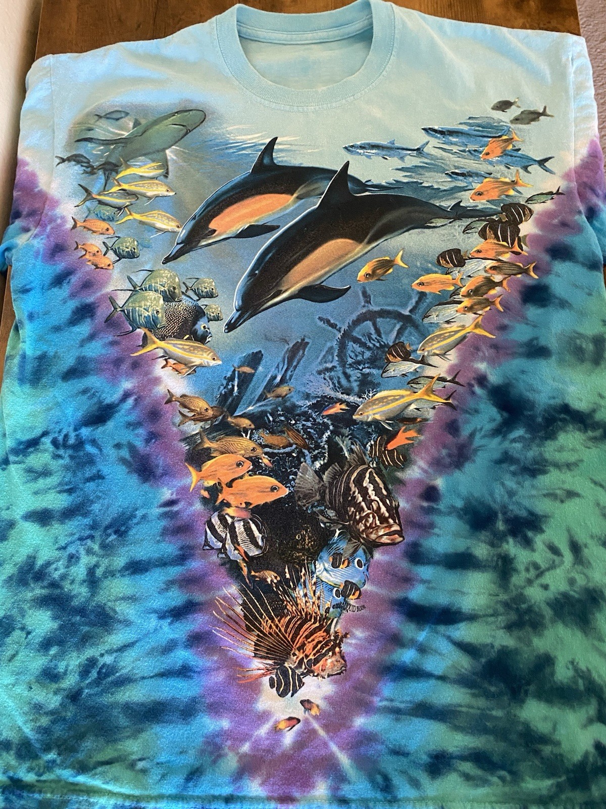 Vintage 90s Y2K Liquid Blue Aquatic Oceanlife Tie Dye Shirt Medium Fish Animals