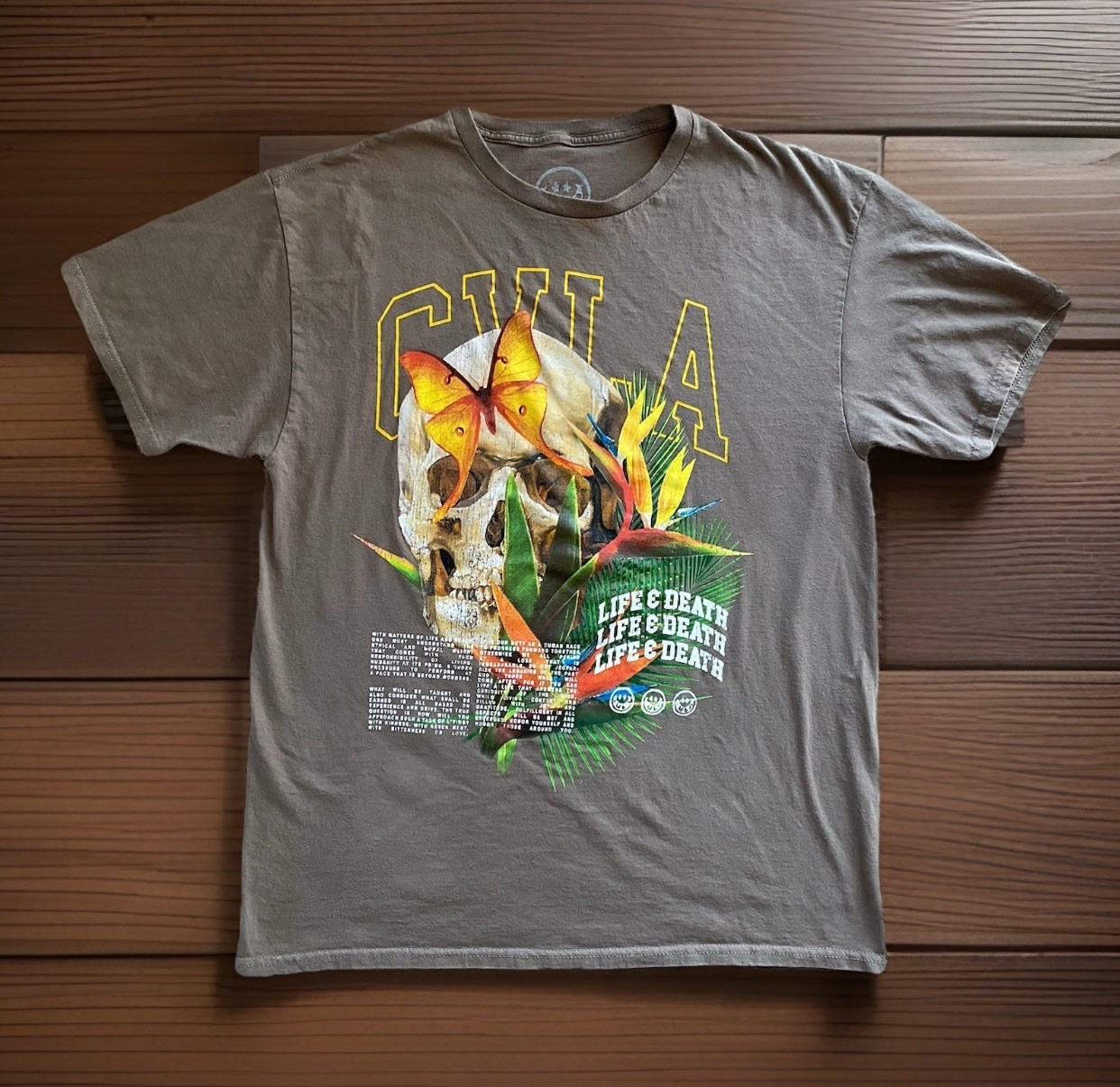 CVLA “Life & Death” Skull Butterfly Flower Graphic Gray Brown T-Shirt Sz L