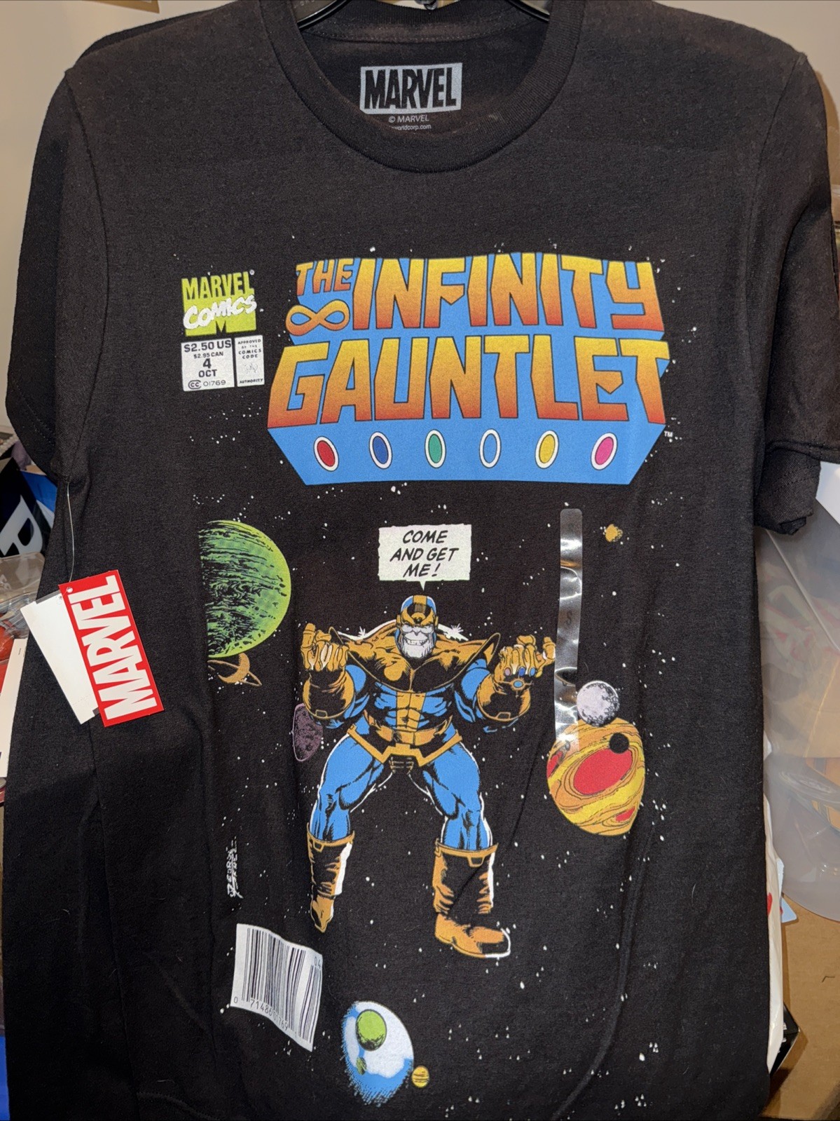 Mens Marvel The Infinity Gauntlet Thanos Black T-shirt Adult Short Sleeve Size S