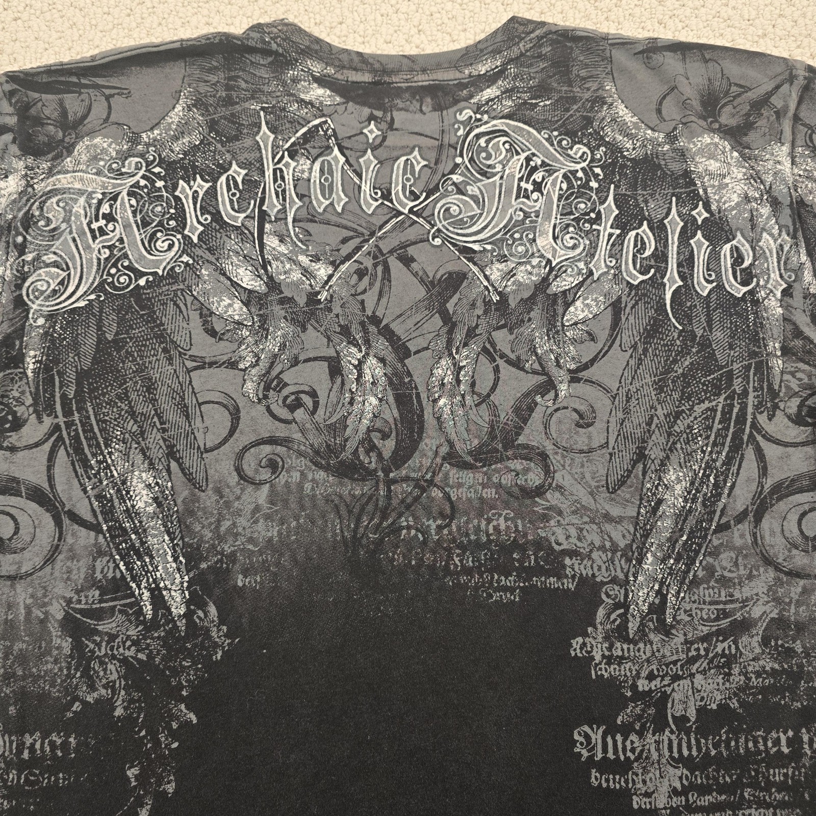 Archaic By Affliction Shirt Mens XL Black Gothic Wings Skull Allover Graphic
