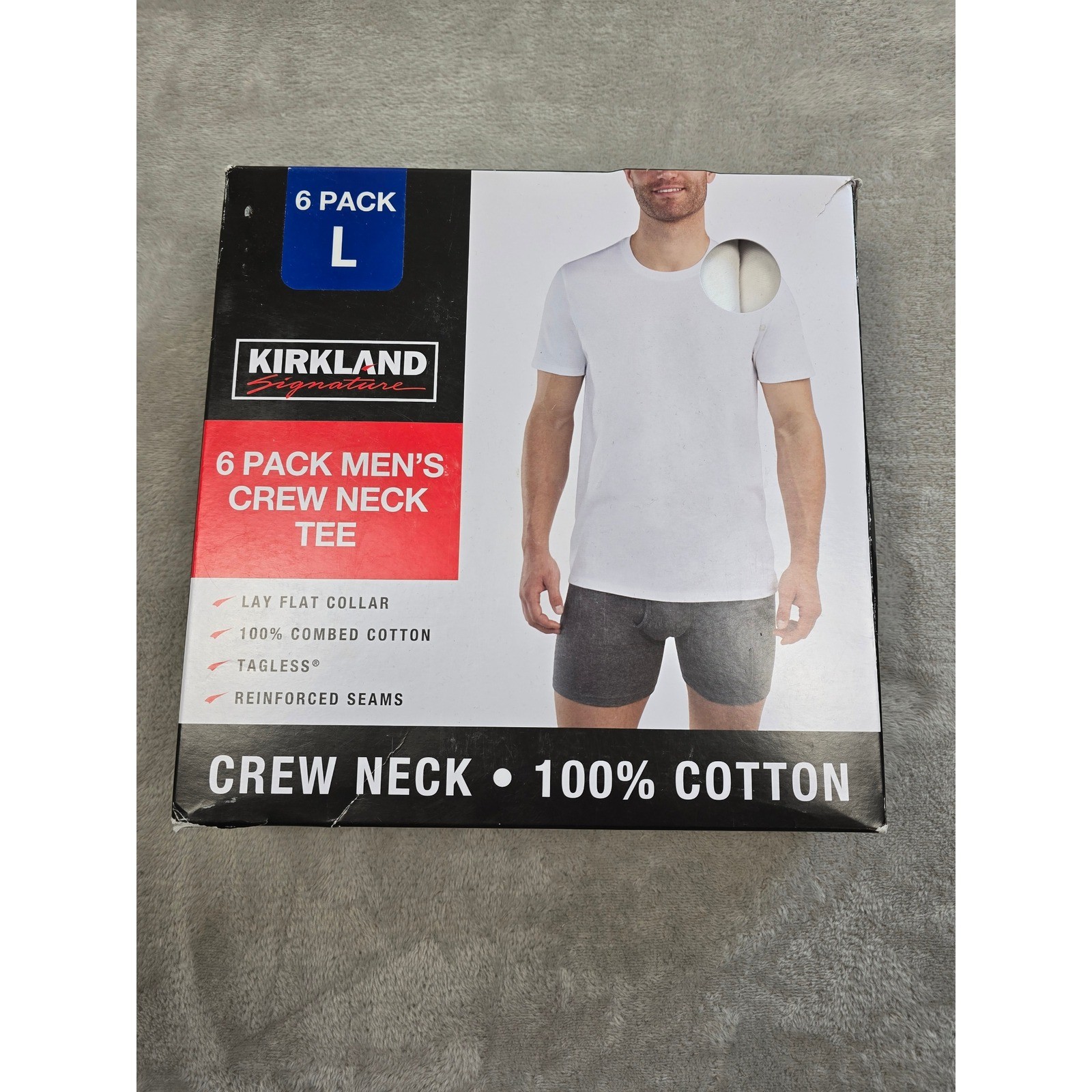 Kirkland Signature Crew Neck Tee Shirts Mens L White 6 Pack 100% Cotton Tagless