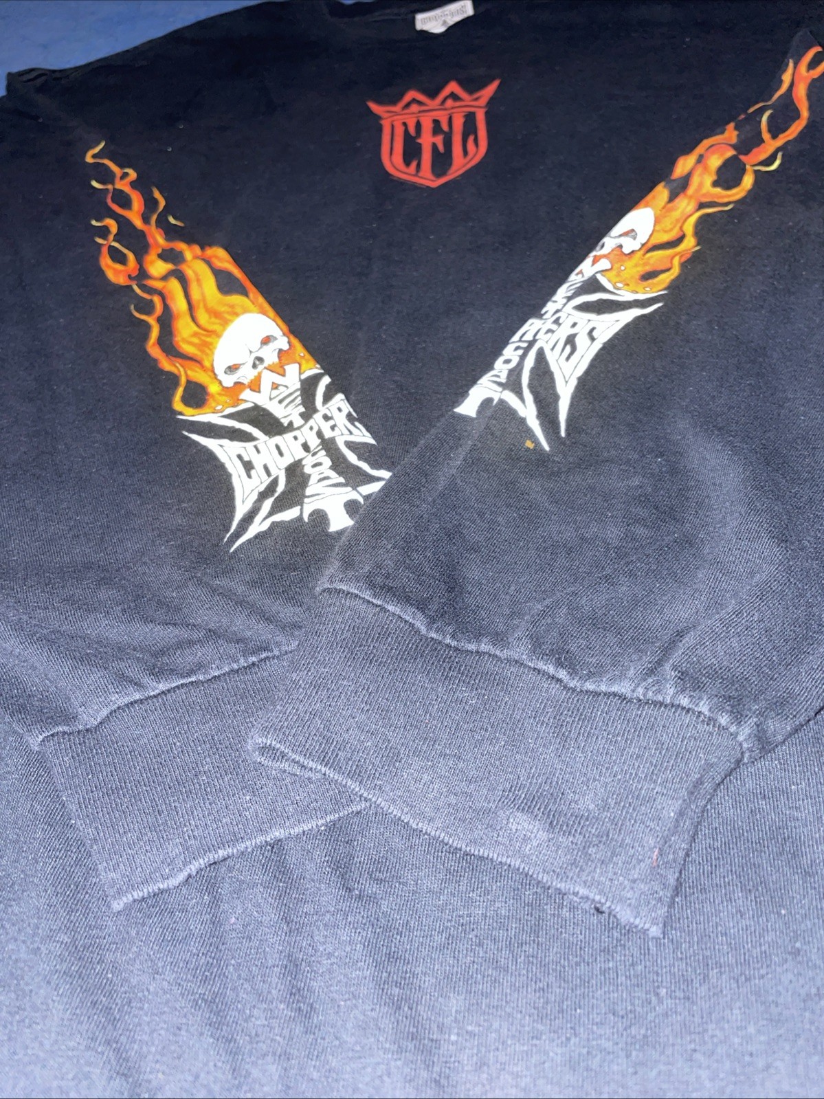 VTG 2004 West Coast Choppers CFL Black Fire Flame Skull LS Shirt Size XXL