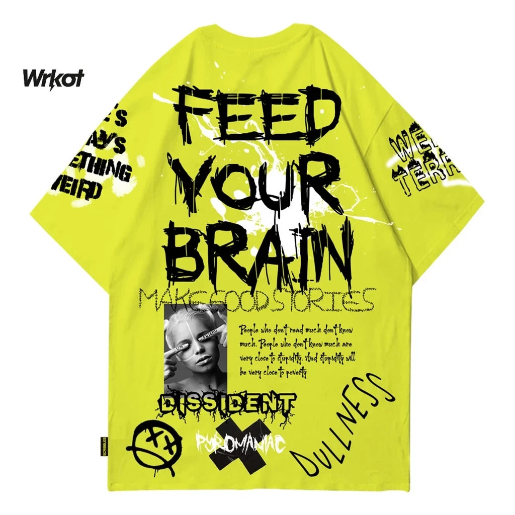 Workout Streetwear Feed Your Brain Graphic Graffiti T-Shirt Neon Yellow Cotton