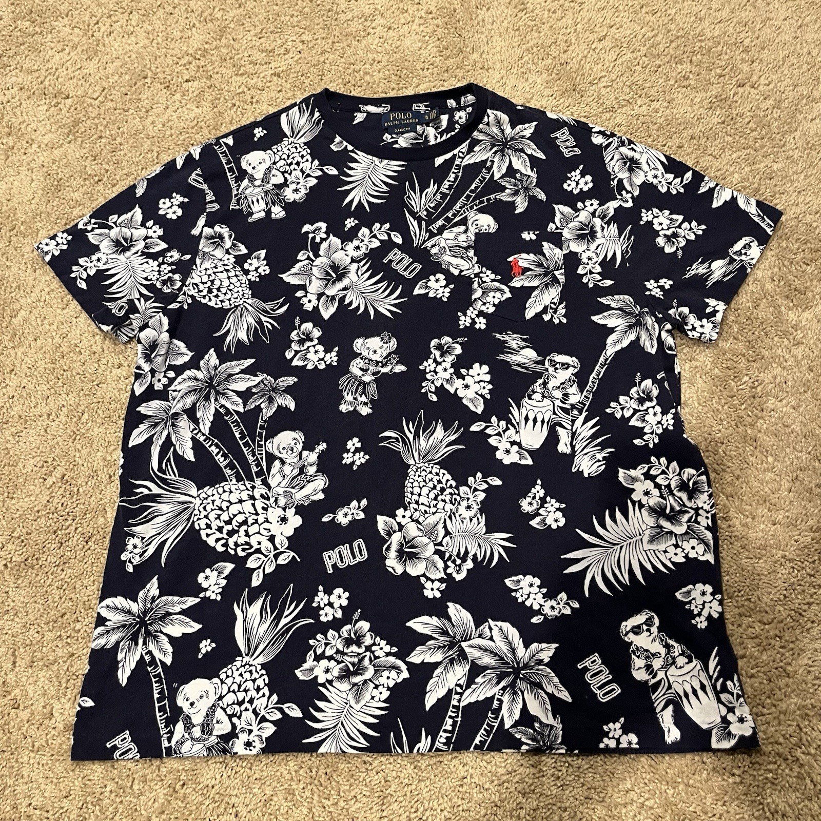 Polo Ralph Lauren T-Shirt Mens Size XL Navy Blue Hawaiian Polo Bear Tee