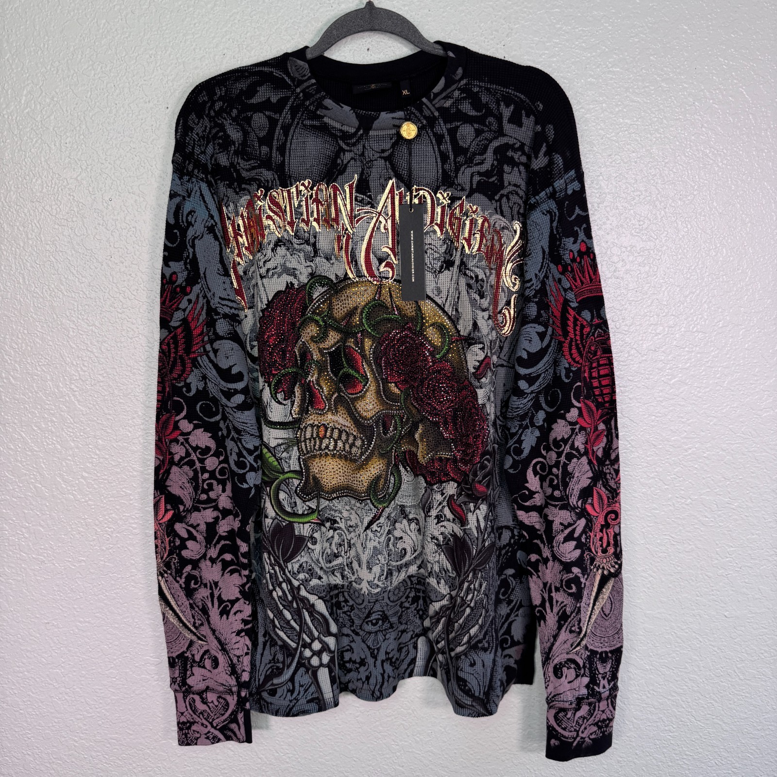 Christian Audigier Shirt Mens XL Thermal Skull Rose Rhinestone Y2K Tattoo NEW