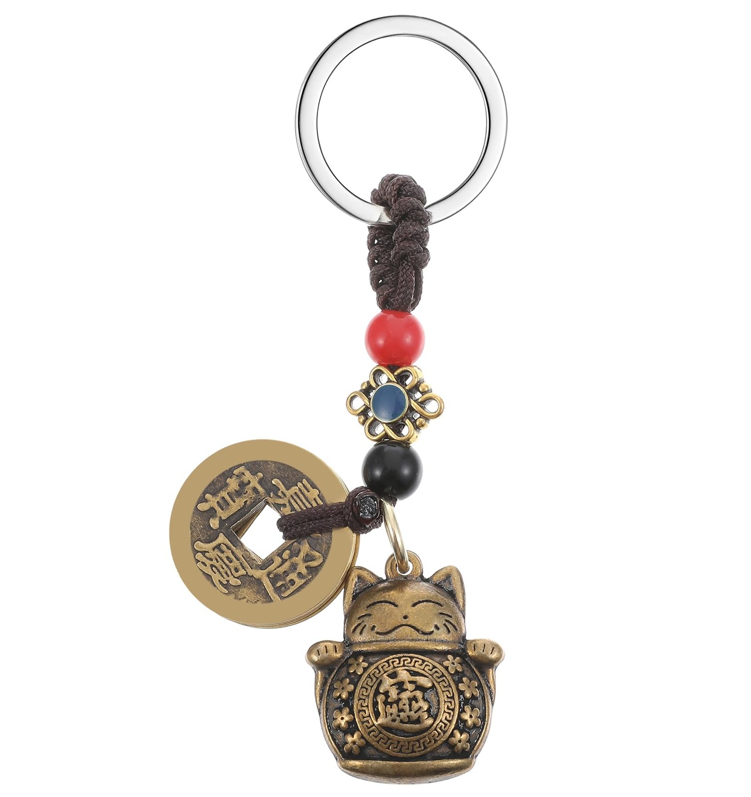 Lucky Cat Keychain, with Five Emperors Money Feng Shui Coins, Maneki Neko Good L