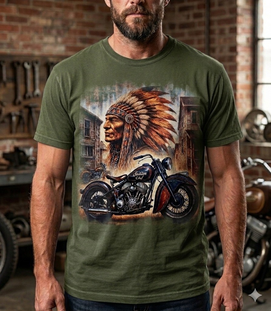 Vintage Indian Motorcycle T-Shirt Native American Chief Dark Blue Biker Tee