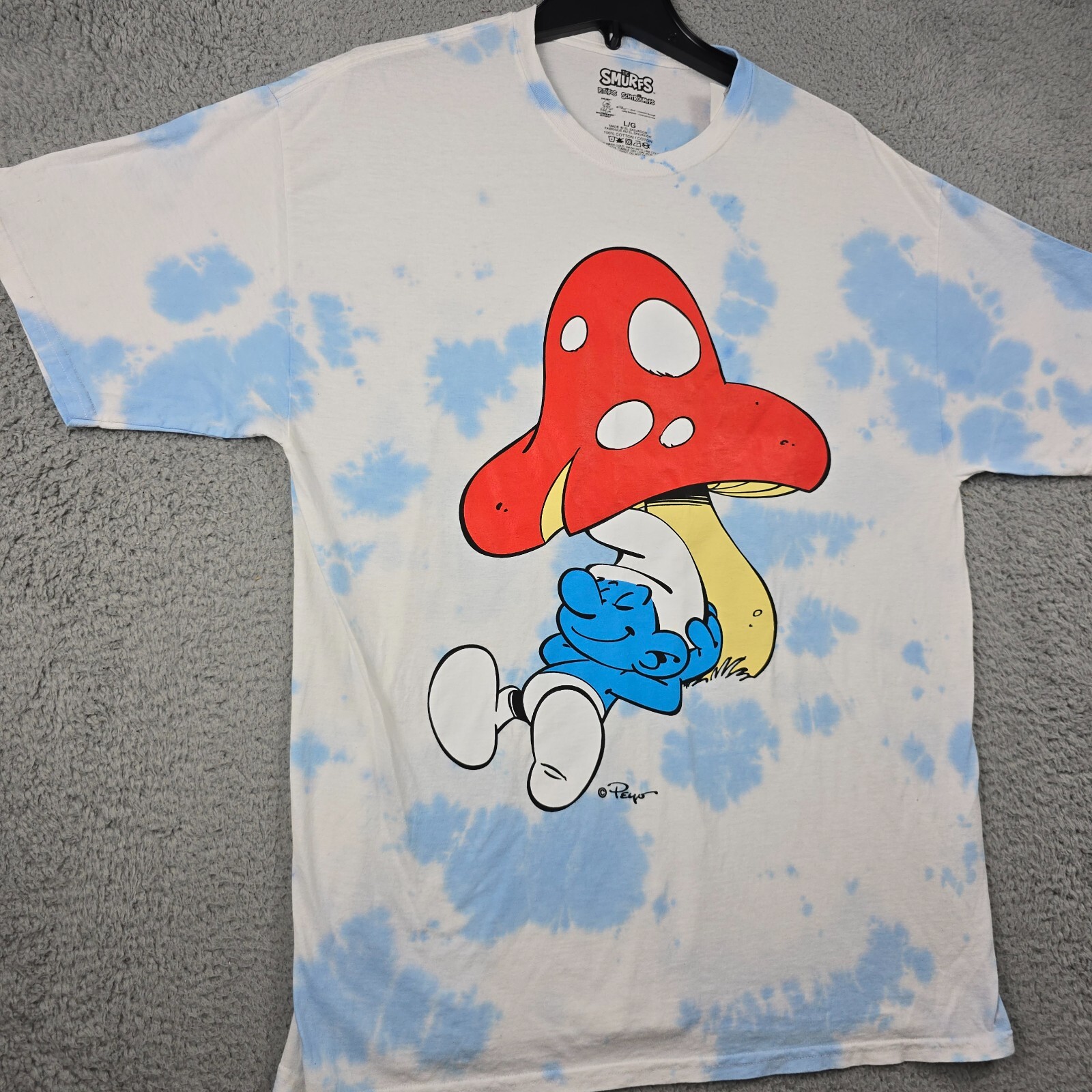 Smurfs Tie Dye Shirt Mens Large L Blue White Retro Mushroom Cartoon Casual NWT