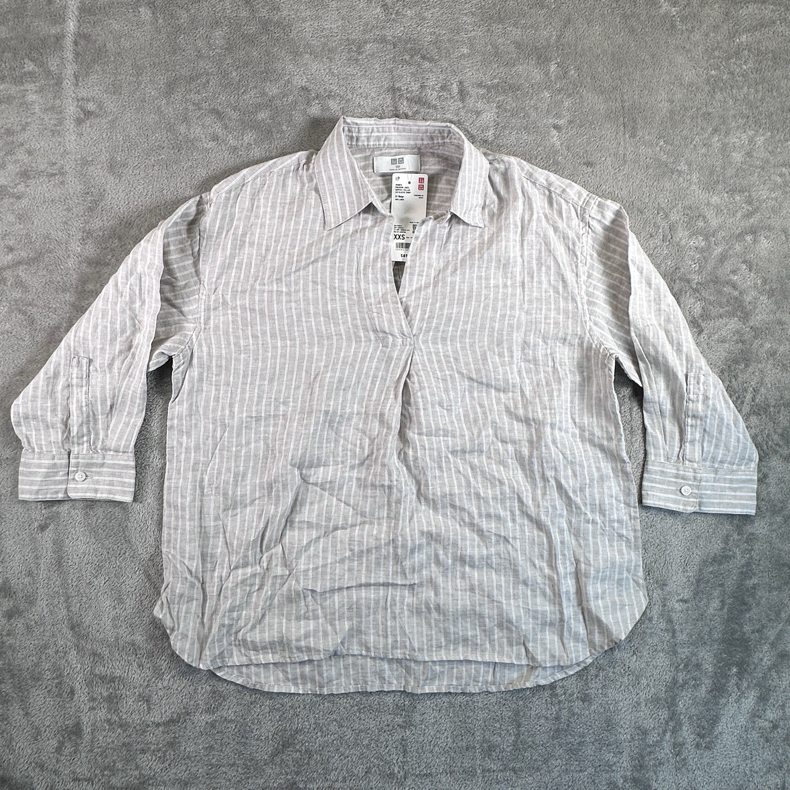 Uniqlo Linen T-Shirt Women XXS Linen Skipper Collar 3/4 Sleeve Shirt Striped